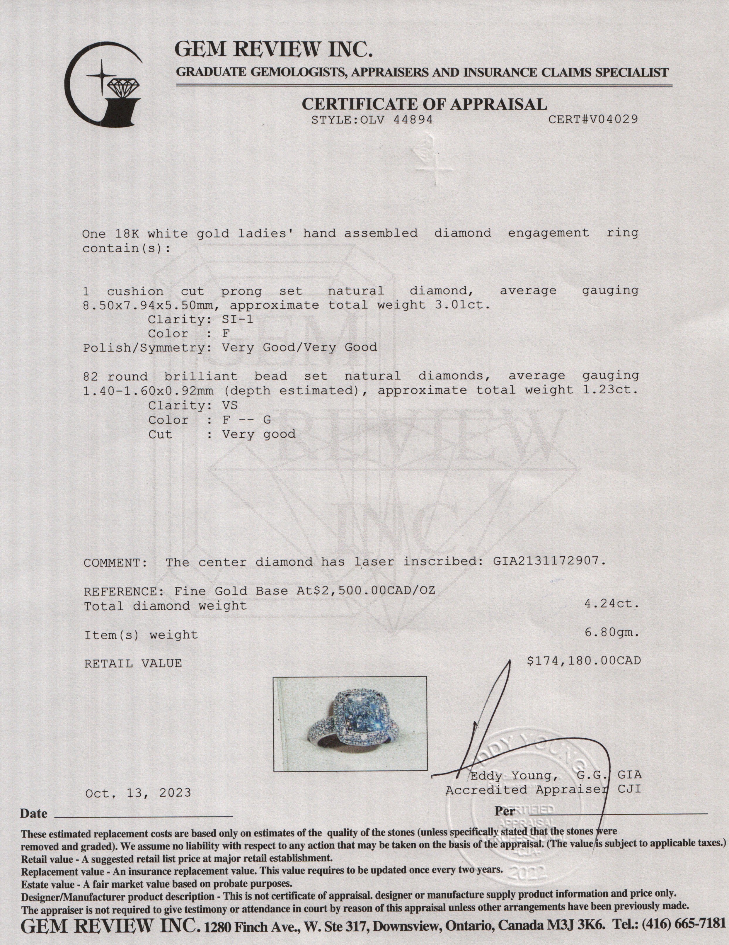 18k White Gold 3.01 ct. Cushion Cut Diamond Engagement Ring, Size 5.25 w/ GIA Diamond Certificate