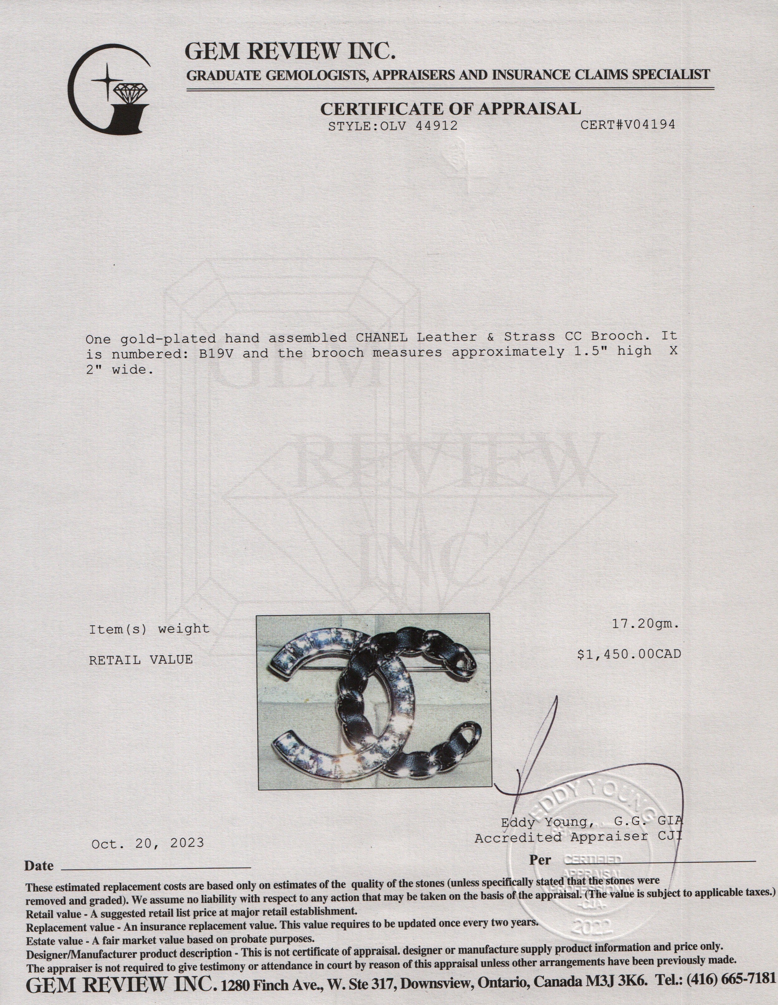 Chanel Silver Plated Leather & Strass CC Brooch w/ Box