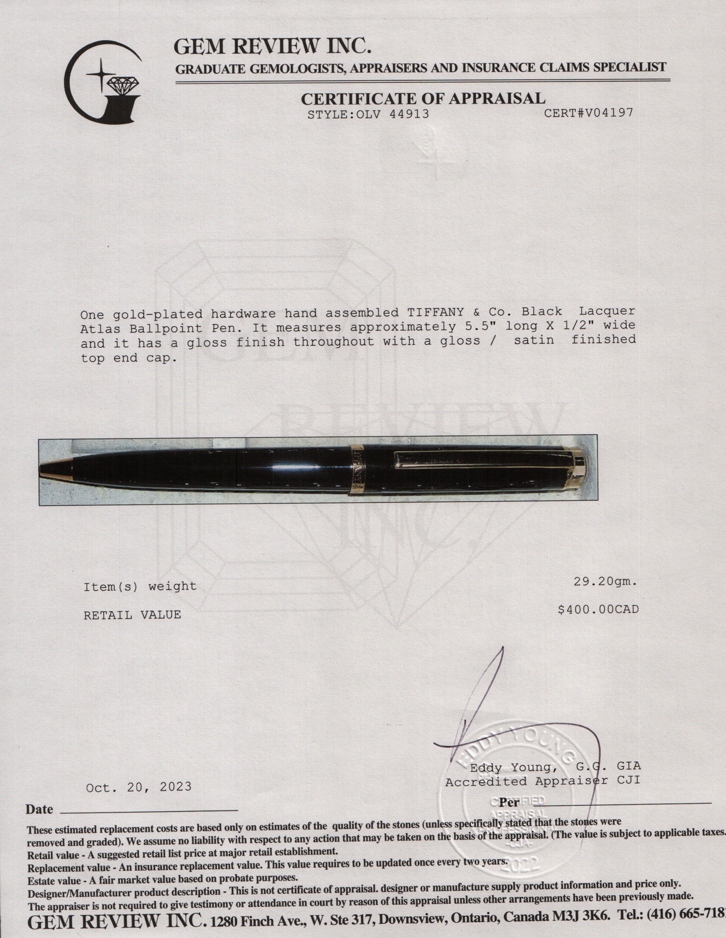 Tiffany & Co. Black Lacquer Atlas Ballpoint Pen w/ Box