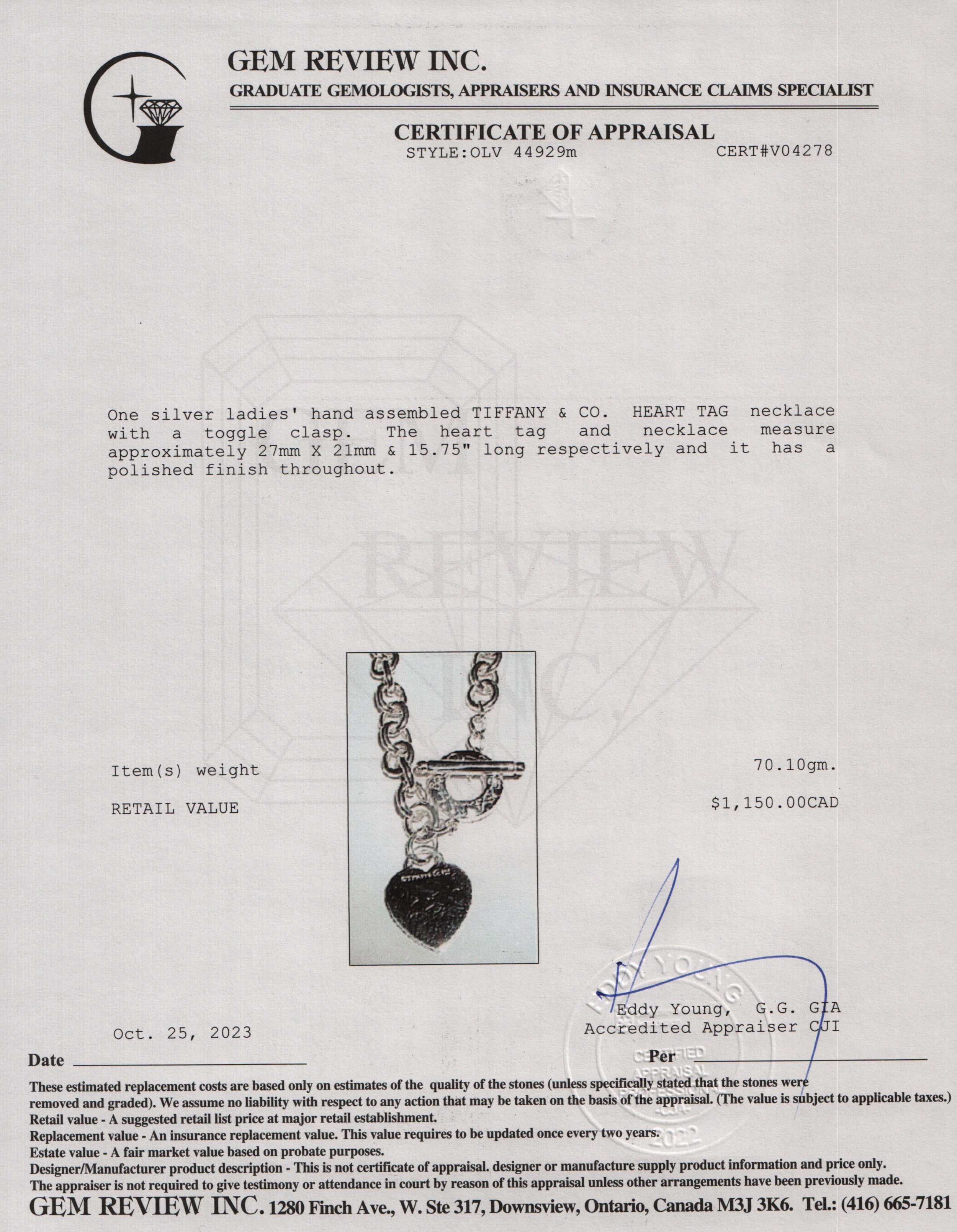 Tiffany & Co. Sterling Silver Heart Tag Necklace with Toggle Clasp