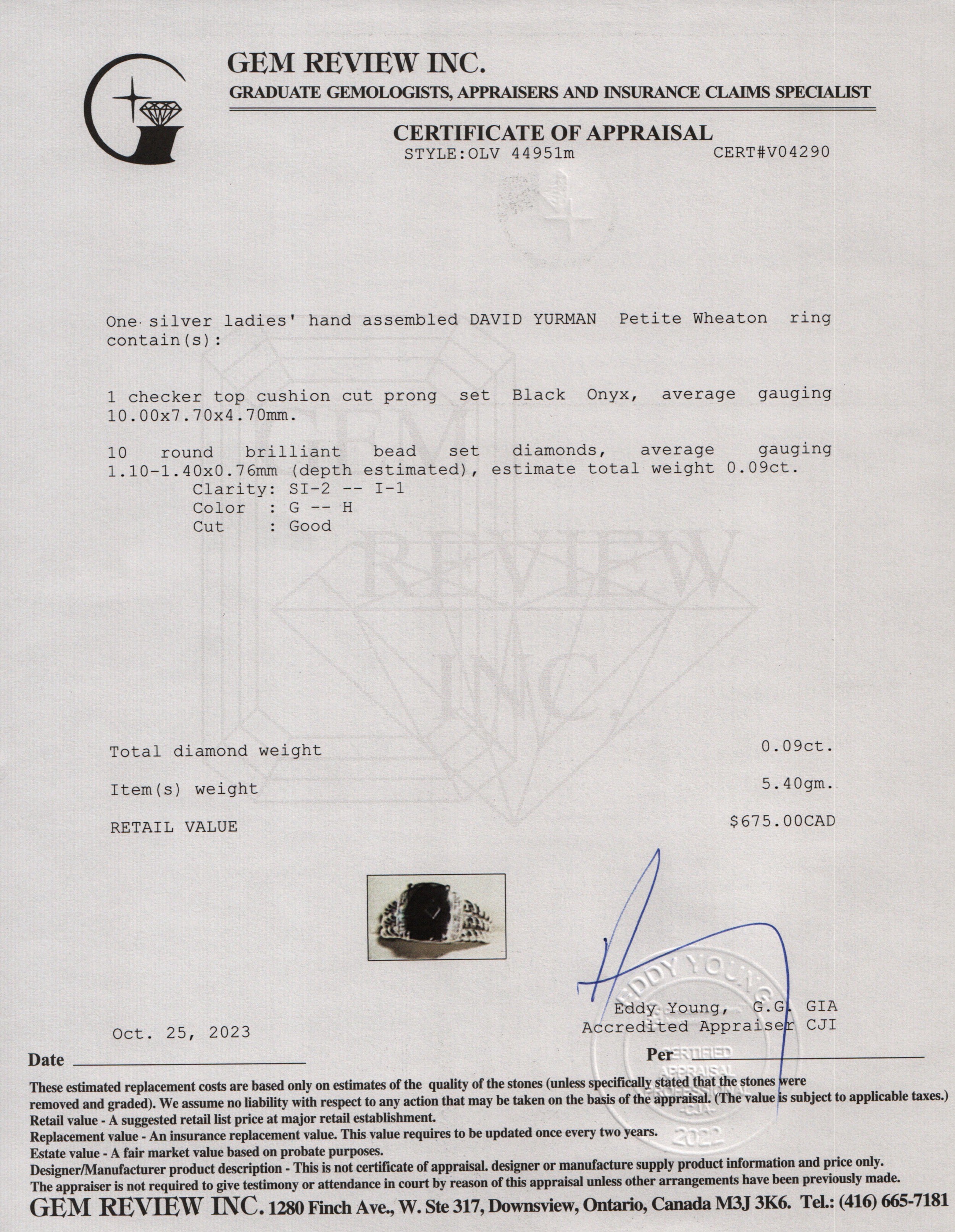 David Yurman Sterling Silver Onyx & Diamond Petite Wheaton Ring, Size 6.5