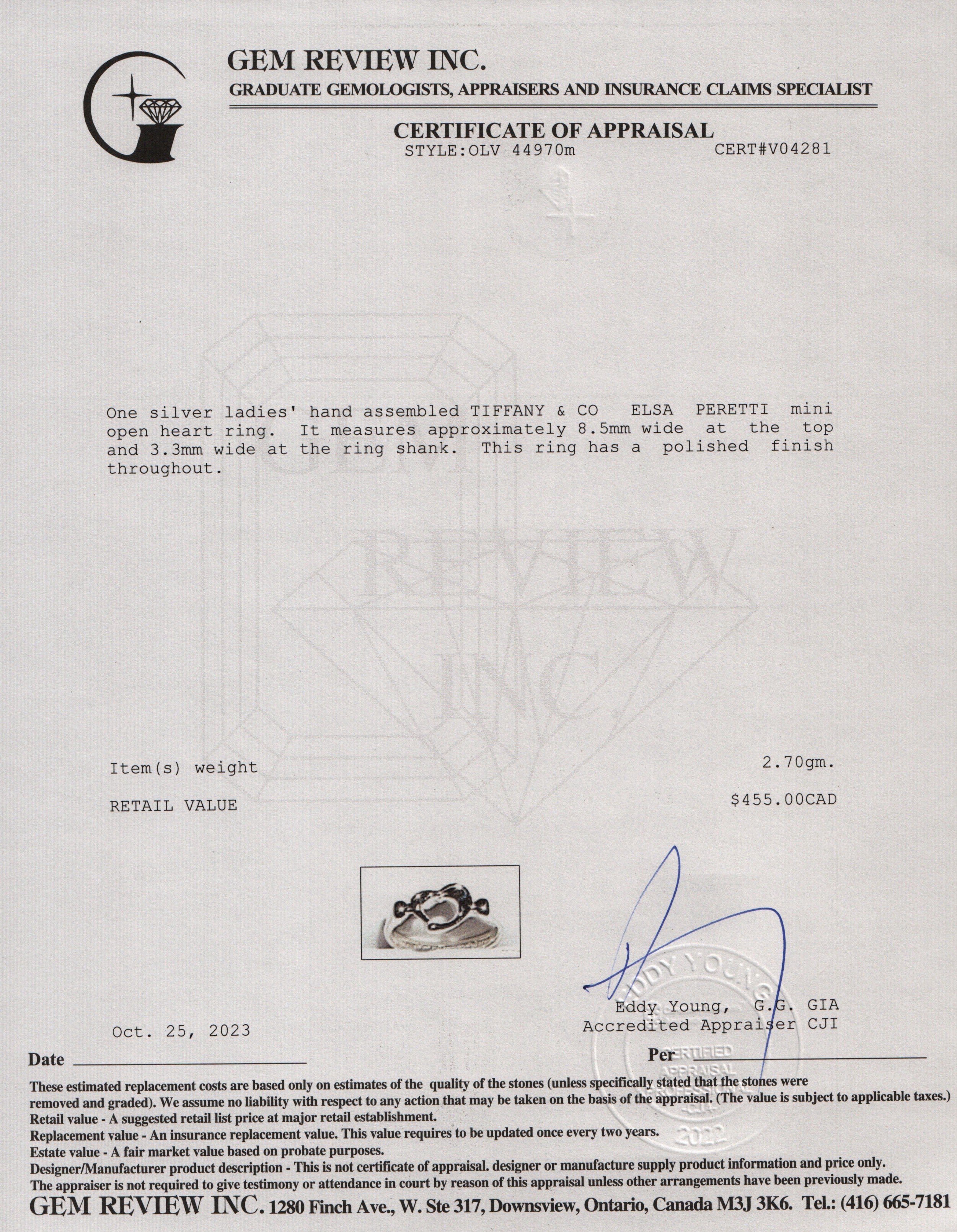 Tiffany & Co. Elsa Peretti Sterling Silver Mini Open Heart Ring, Size 5.75