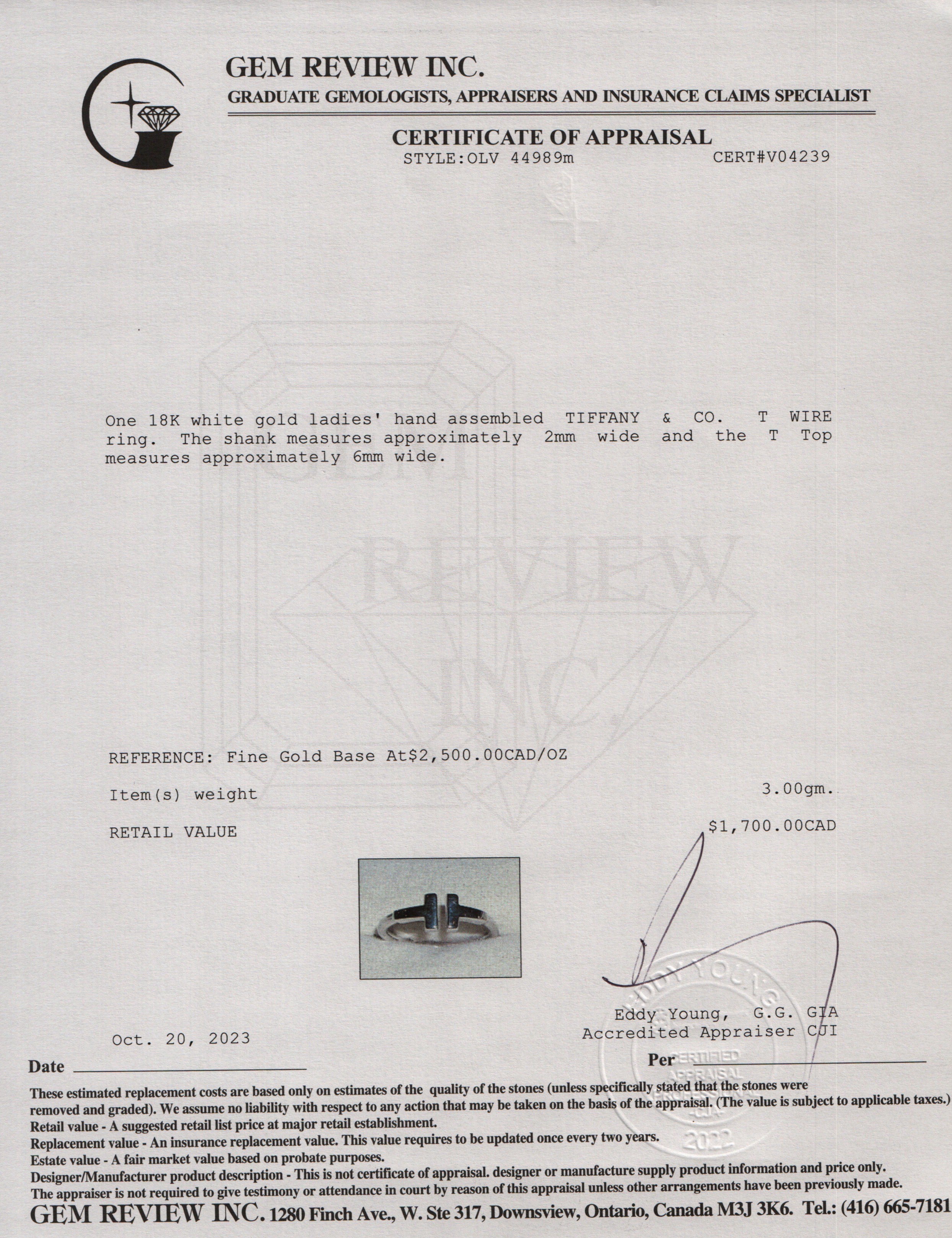 Tiffany & Co. 18k White Gold T Wire Ring, Size 7