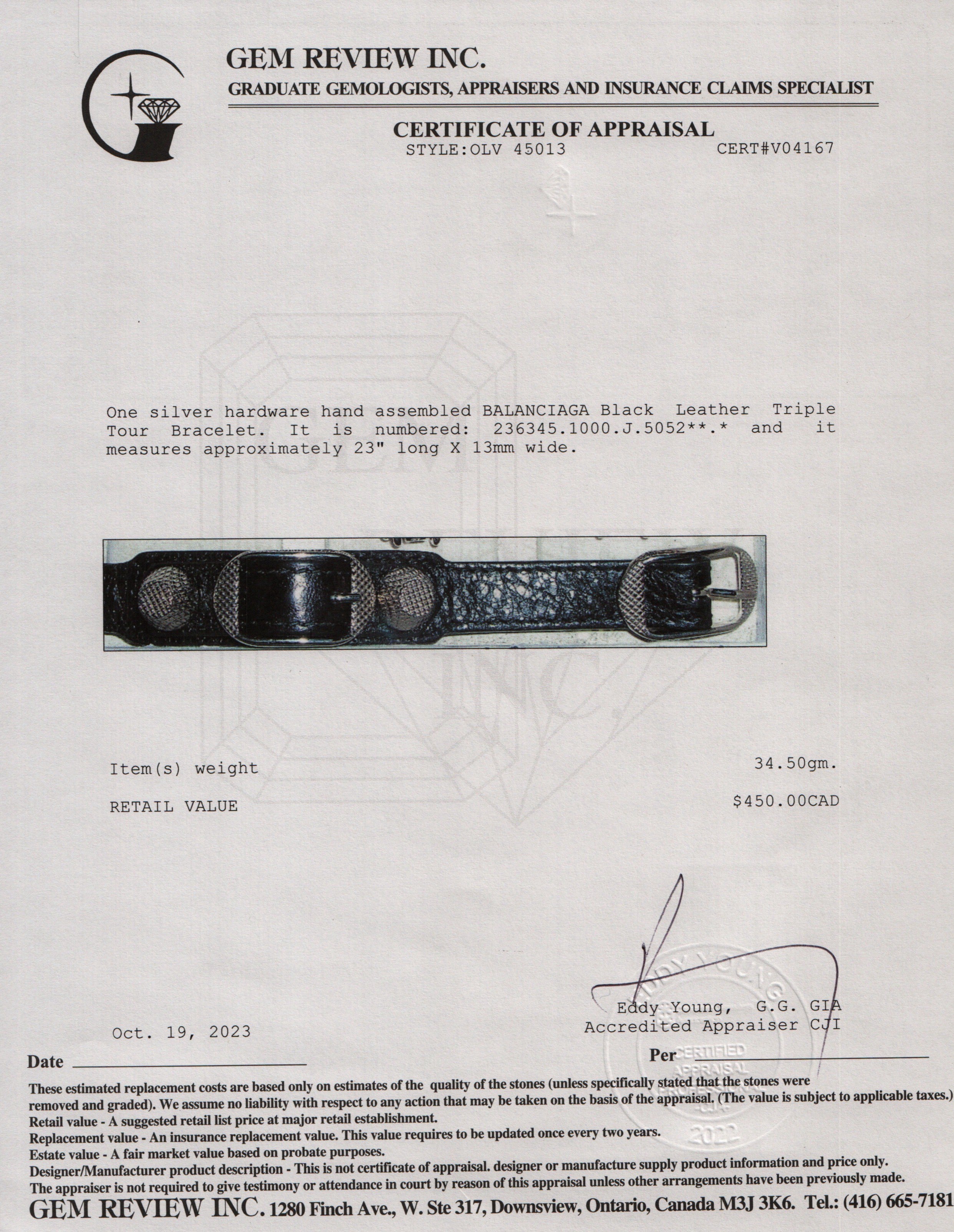 Balenciaga Silver Hardware Black Leather Triple Tour Bracelet w/ Box