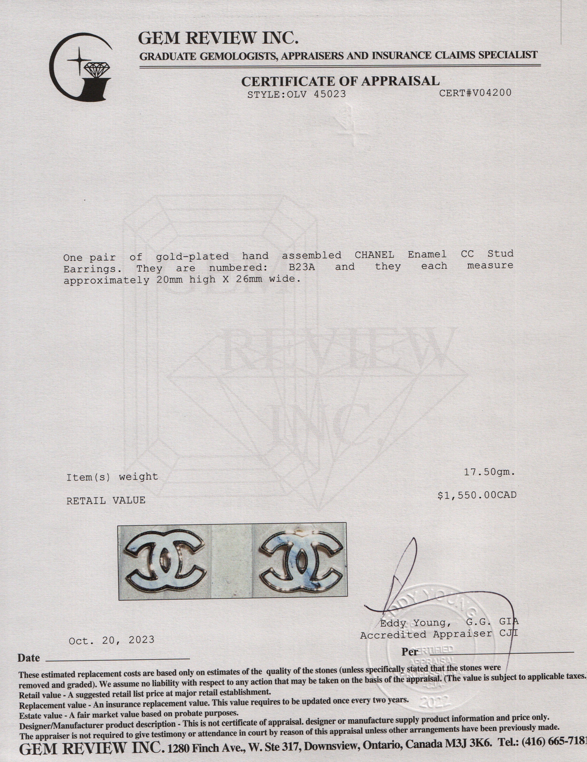 Chanel 2023 Gold Plated Enamel CC Stud Earrings w/ Box