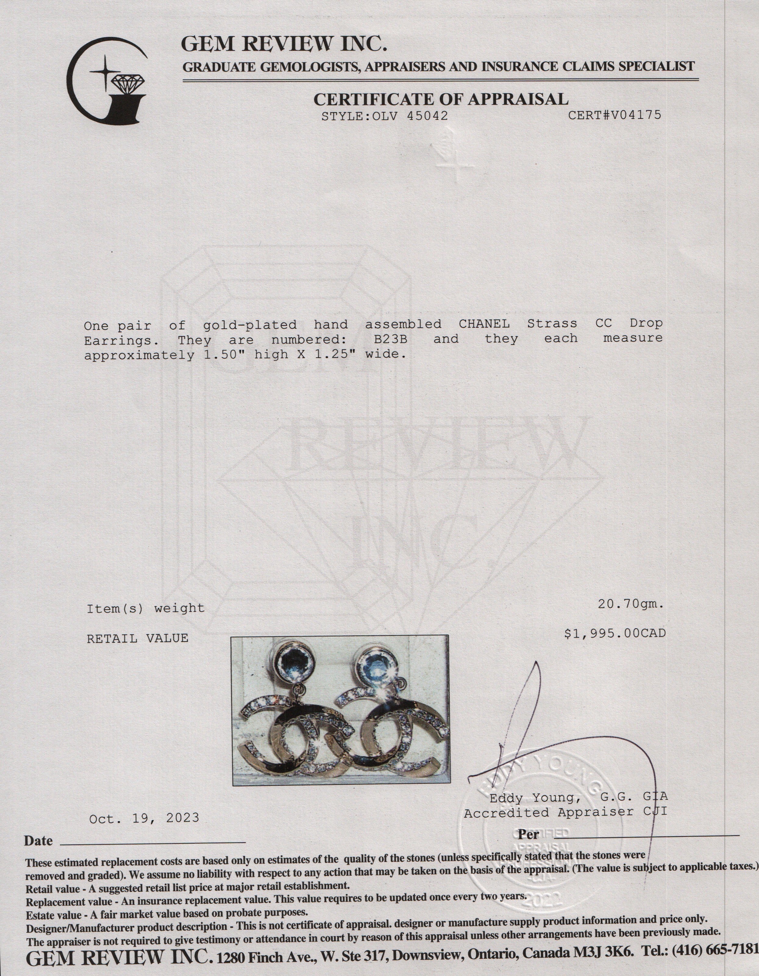 Chanel 2023 Gold Plated Strass CC Drop Earrings w/ Box