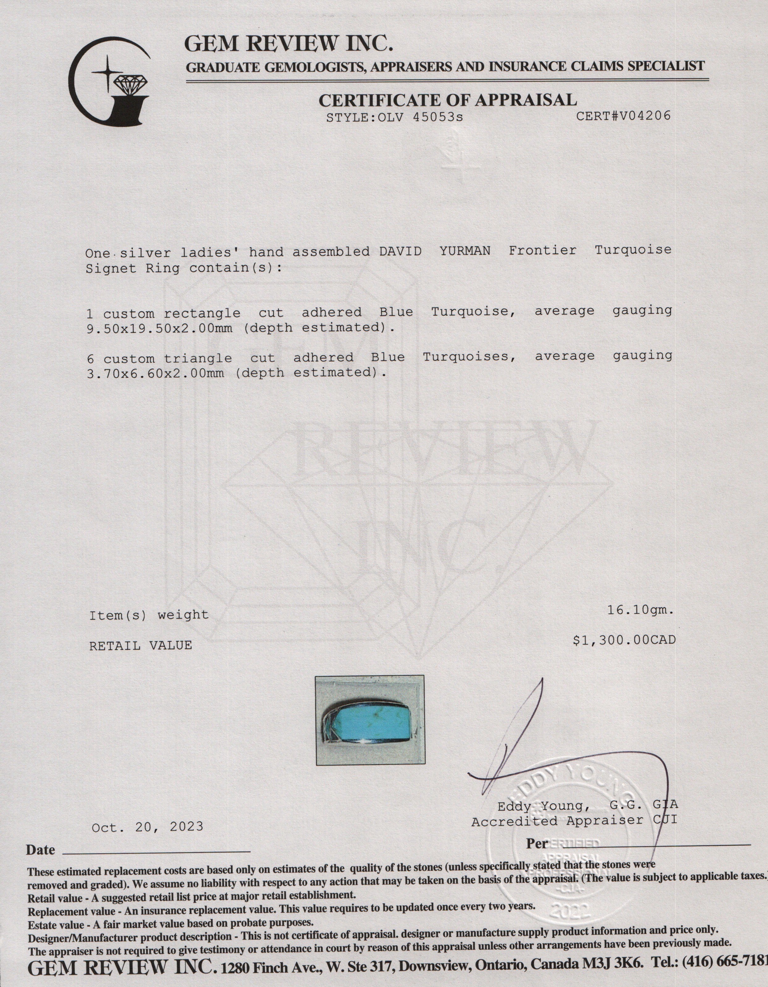 David Yurman Sterling Silver Frontier Turquoise Signet Ring, Size 9.75