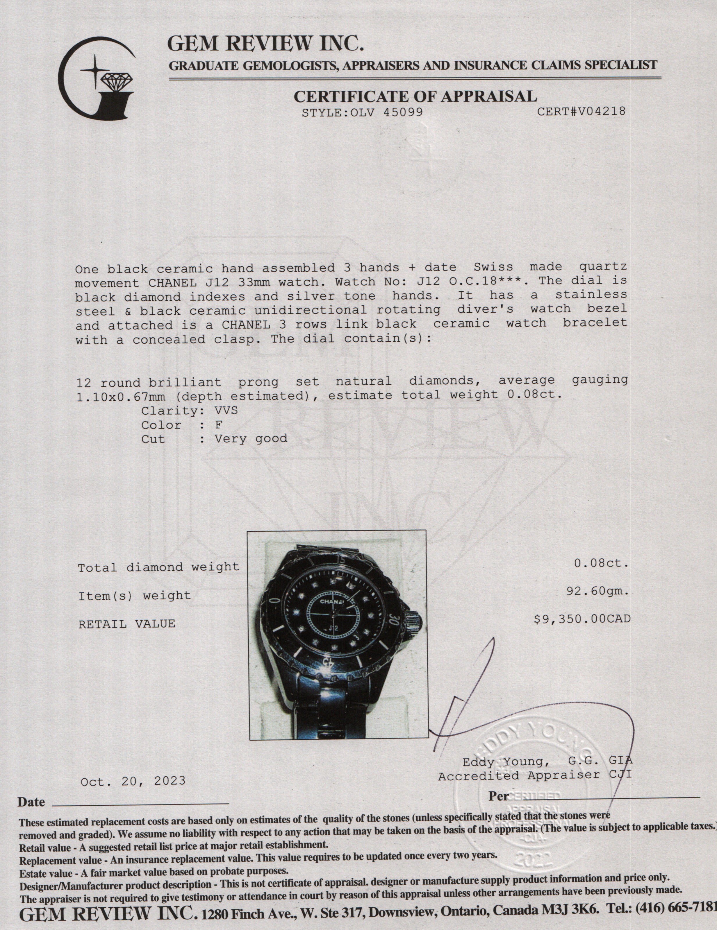 Chanel Black Ceramic 33 MM J12 Diamond Dial Watch w/ Box & Receipt