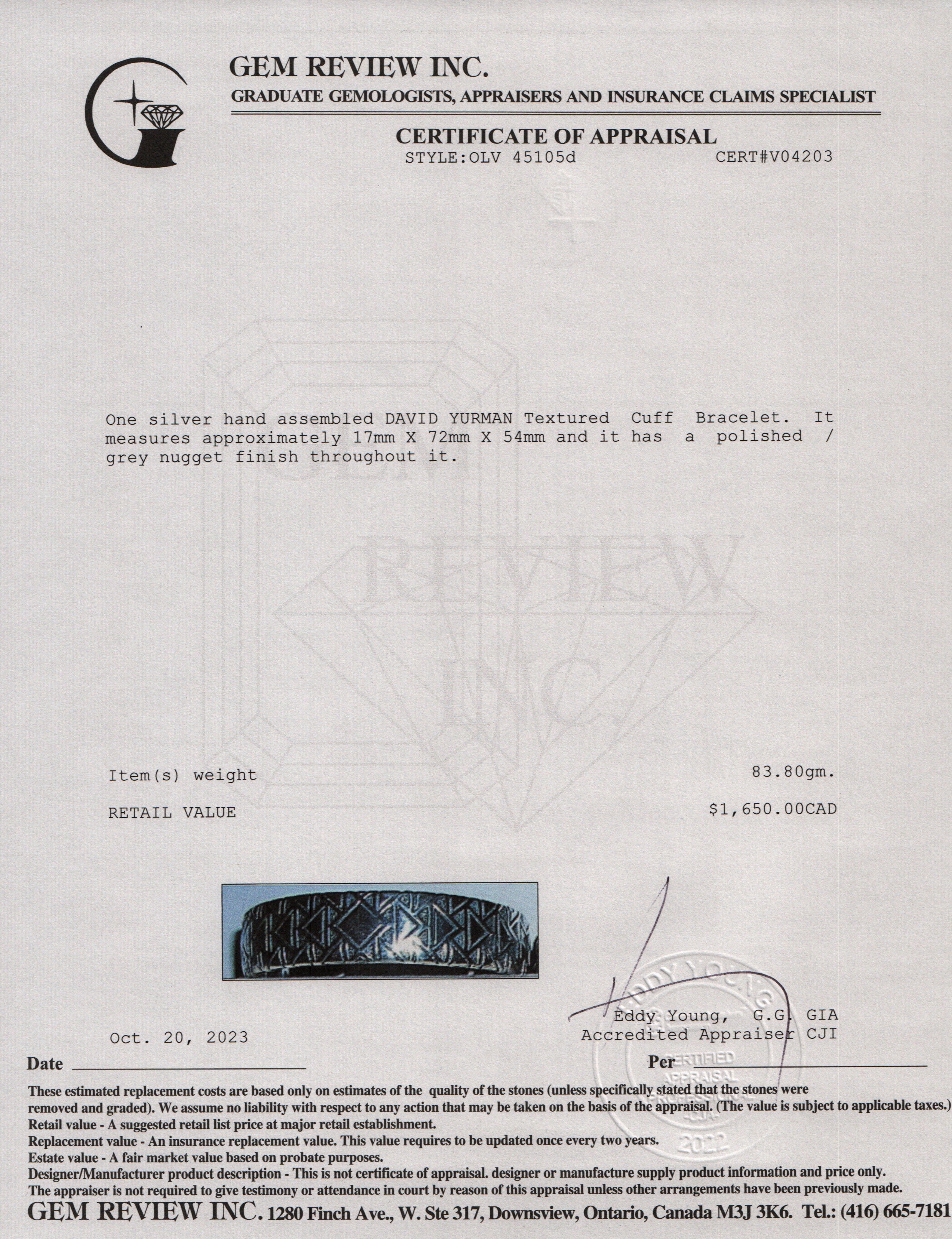 David Yurman Sterling Silver Textured Cuff Bracelet