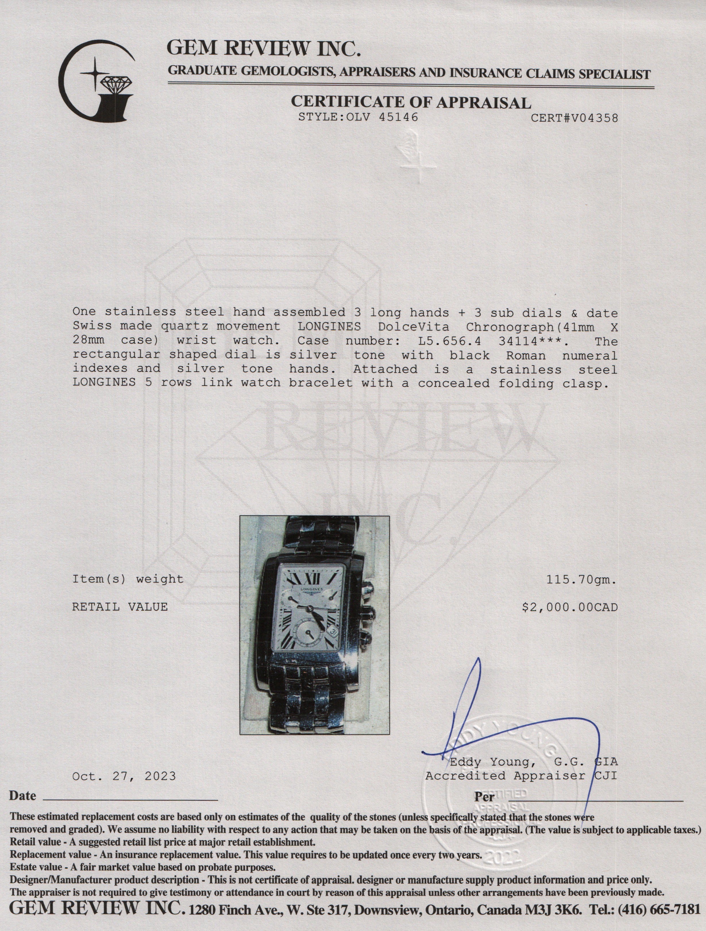 Longines Stainless Steel DolceVita 28 MM Chronograph Quartz Watch w/ Box & Papers