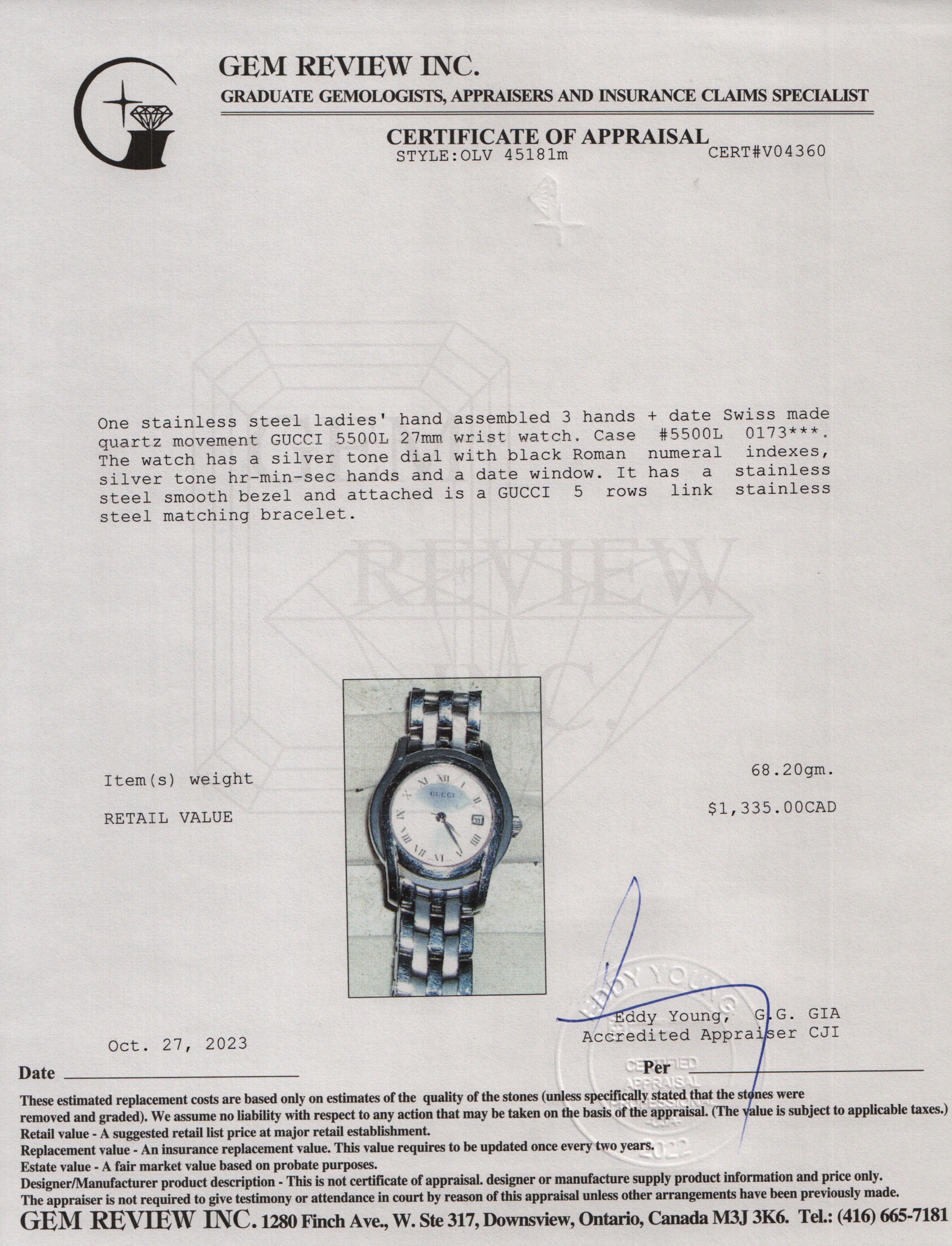 Gucci Stainless Steel 5500 Series 27 MM Watch w/ Papers