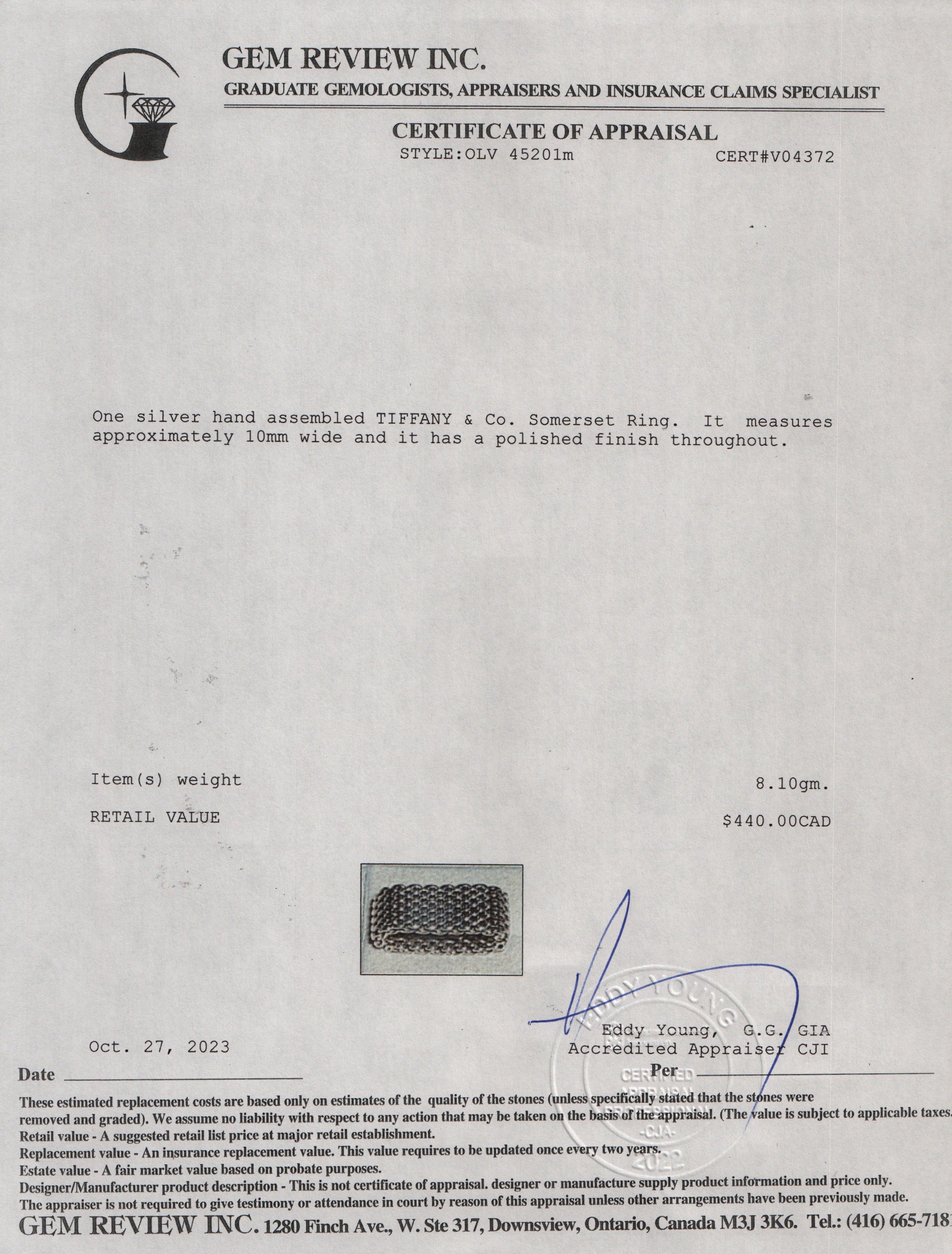 Tiffany & Co. Sterling Silver Somerset Mesh Ring, Size 6