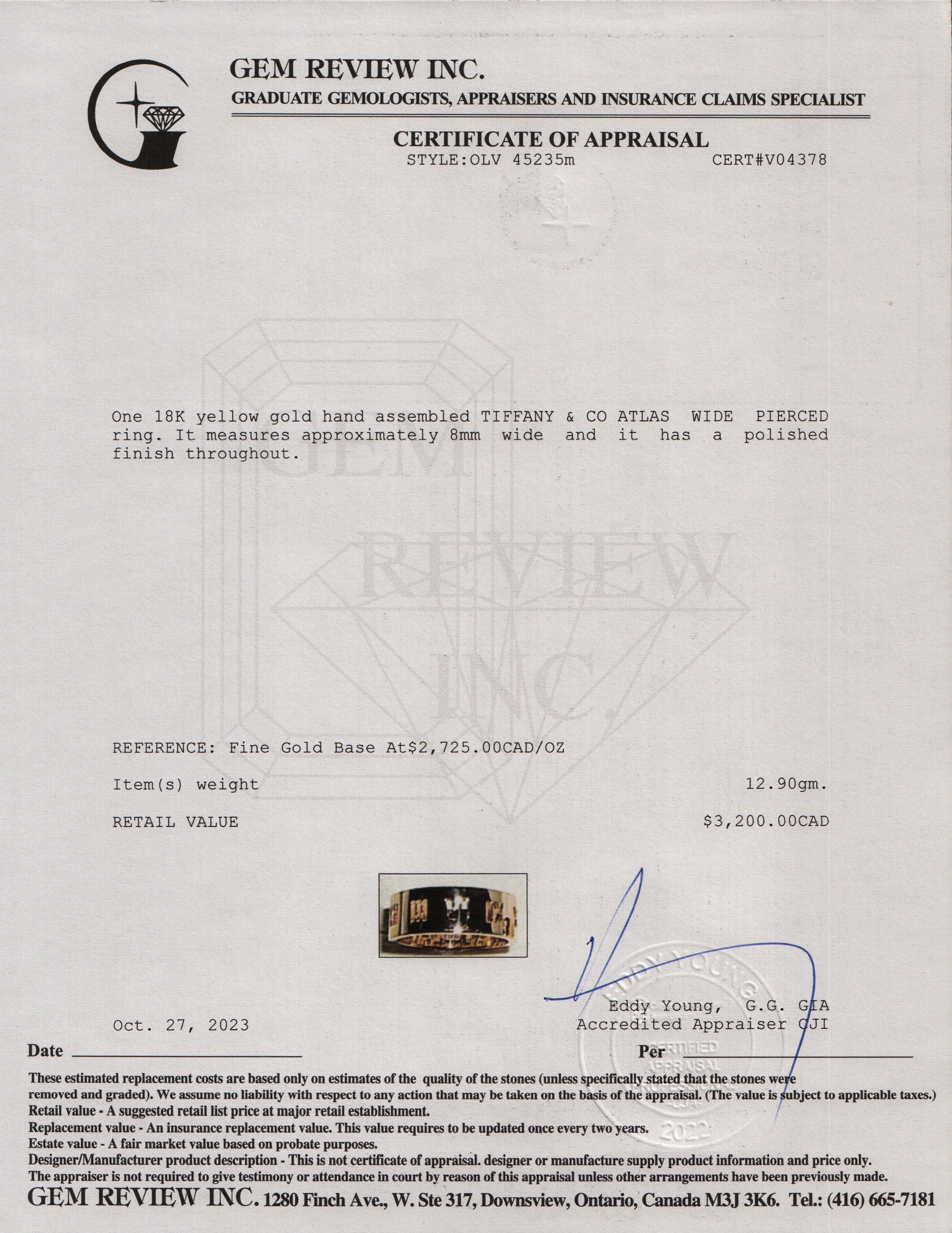 Tiffany & Co. 18k Yellow Gold Wide 8MM Pierced Atlas Band, Size 12