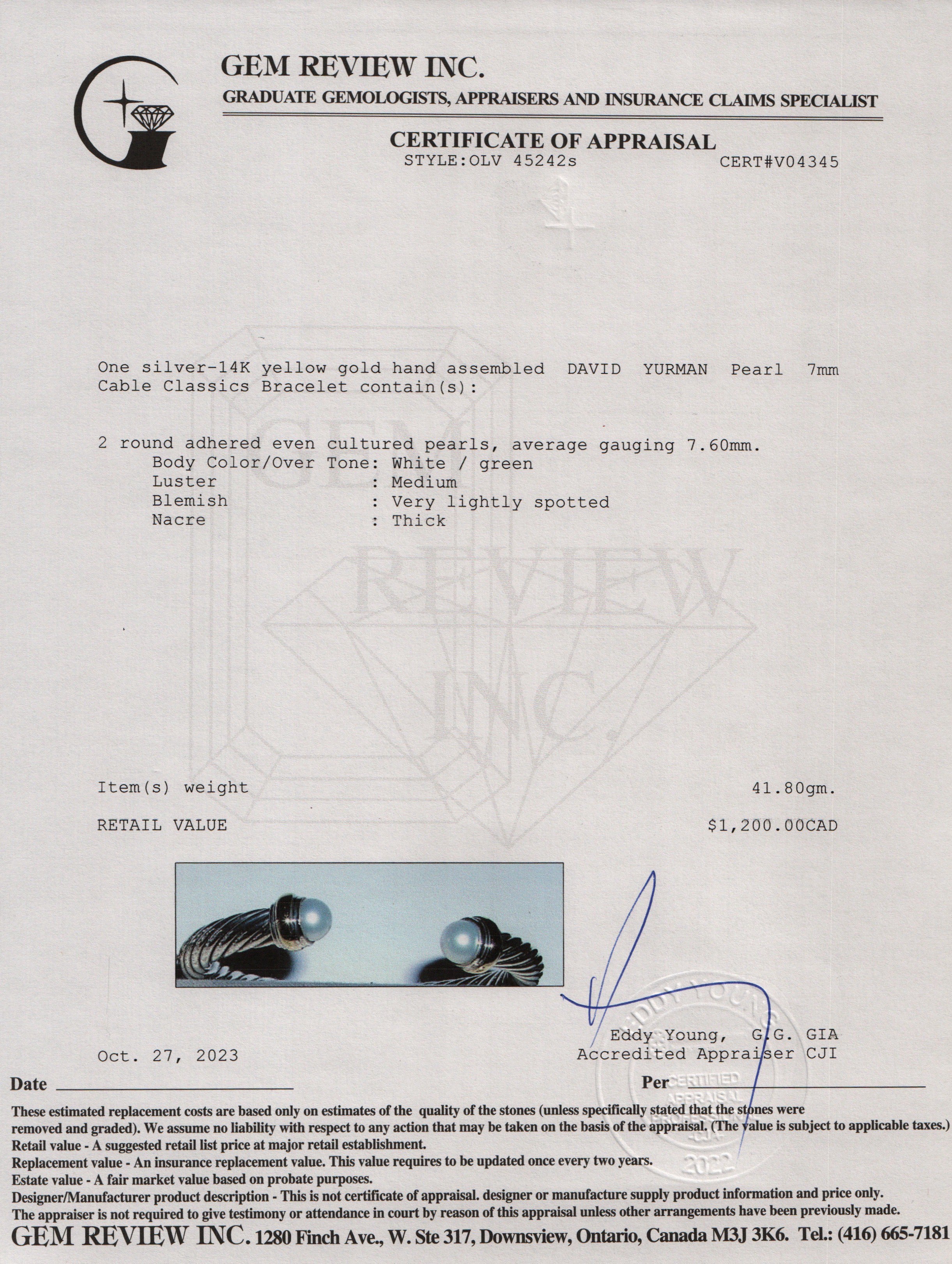 David Yurman Sterling Silver & 14k Yellow Gold Pearl 7MM Cable Classics Bracelet