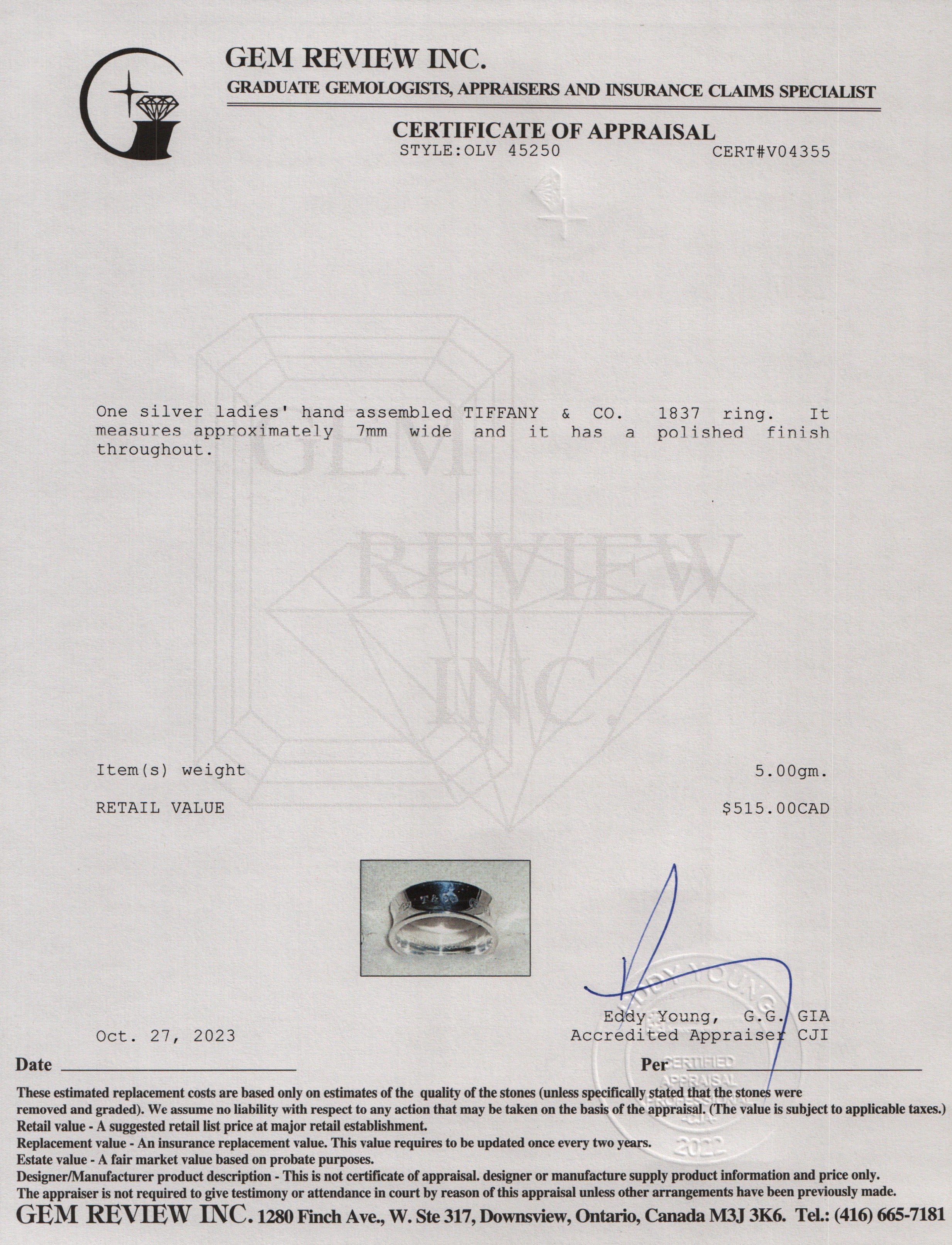 Tiffany & Co. Sterling Silver 1837 Ring, Size 5.5