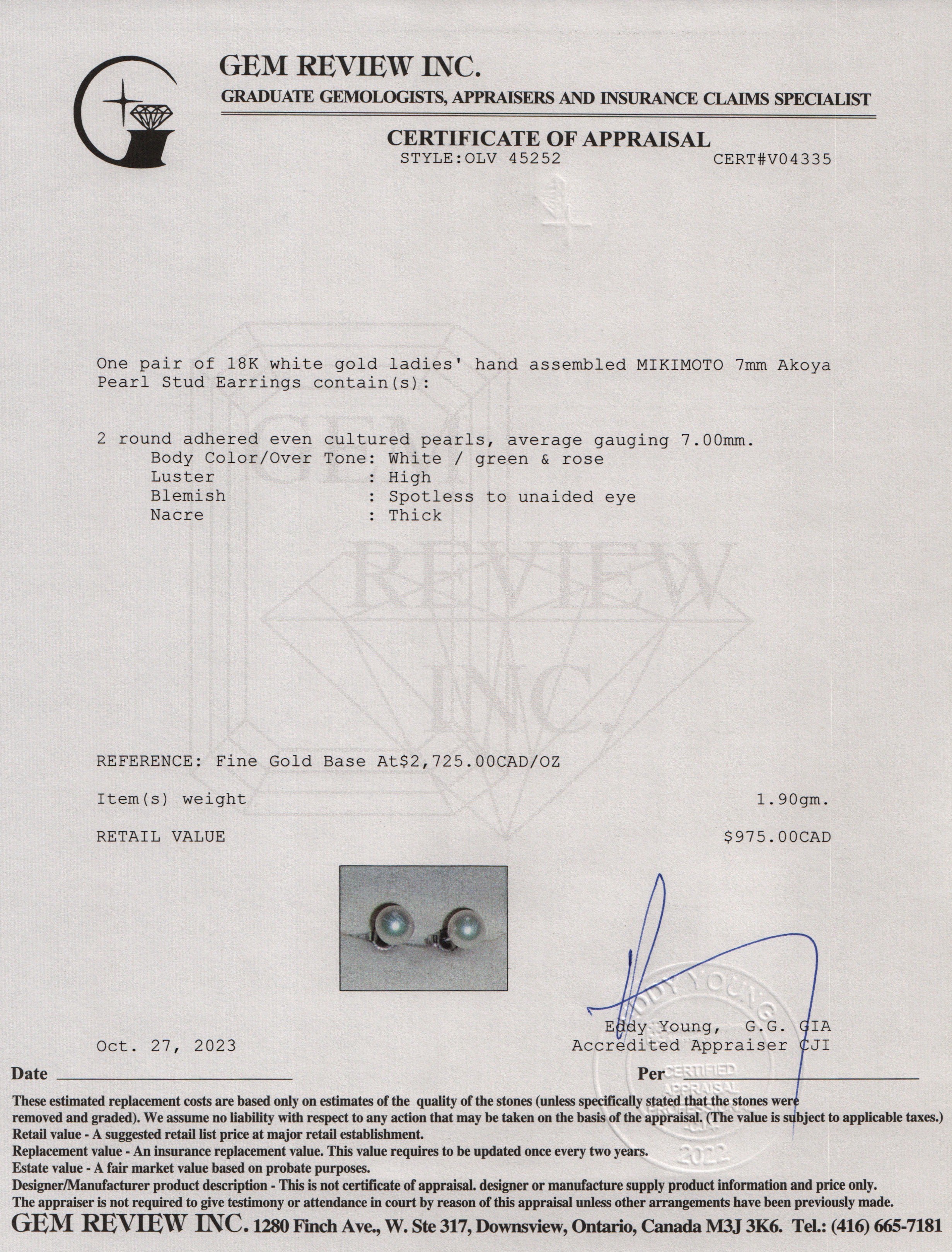 Mikimoto 18k White Gold 7MM Akoya Pearl Stud Earrings w/ Box & Certificate