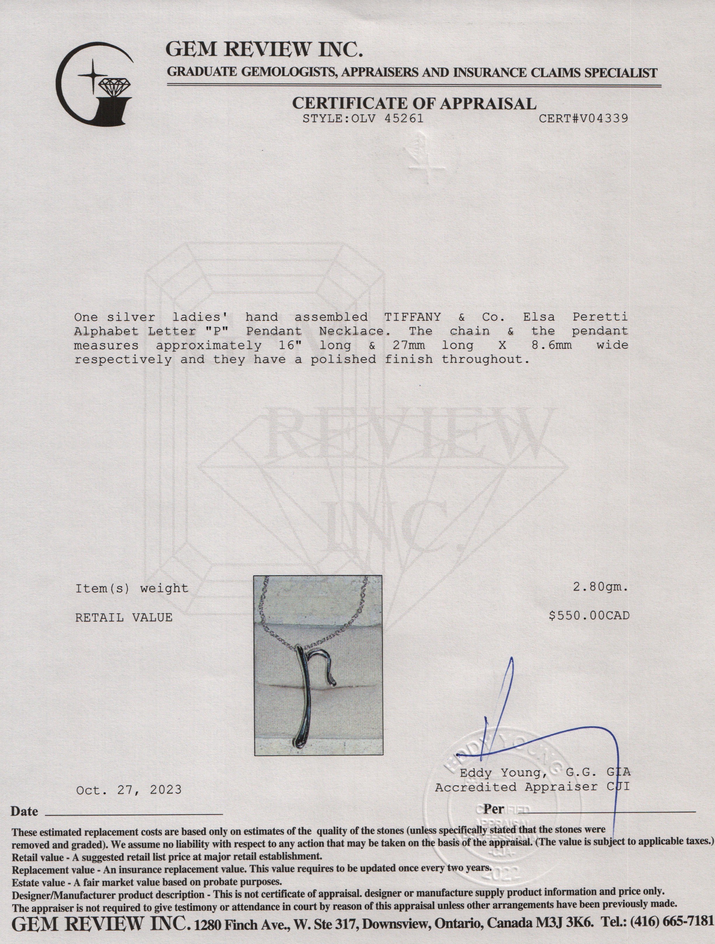 Tiffany & Co. Elsa Peretti Sterling Silver Alphabet Letter "P" Pendant Necklace