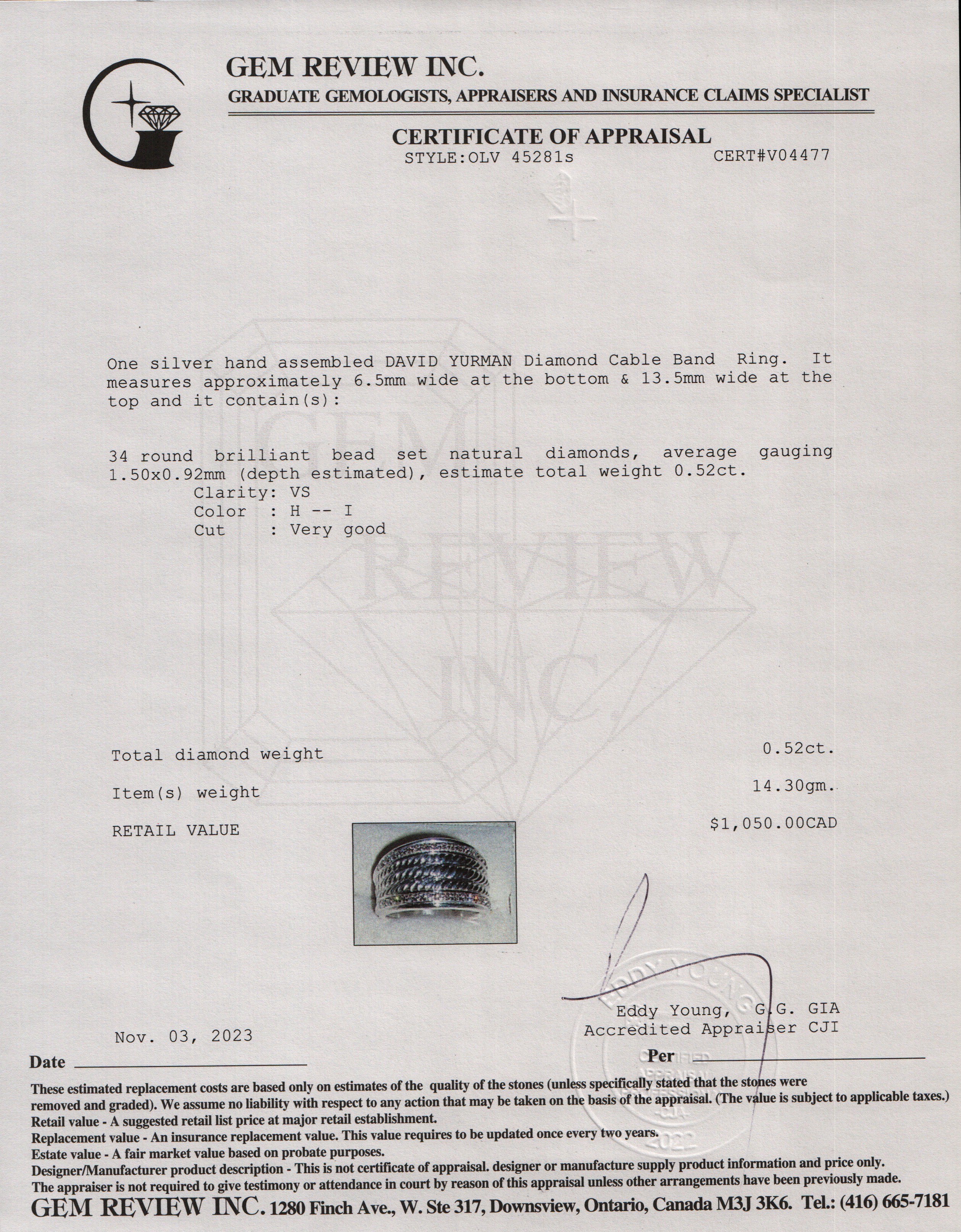 David Yurman Sterling Silver Diamond Cable Band Ring, Size 6