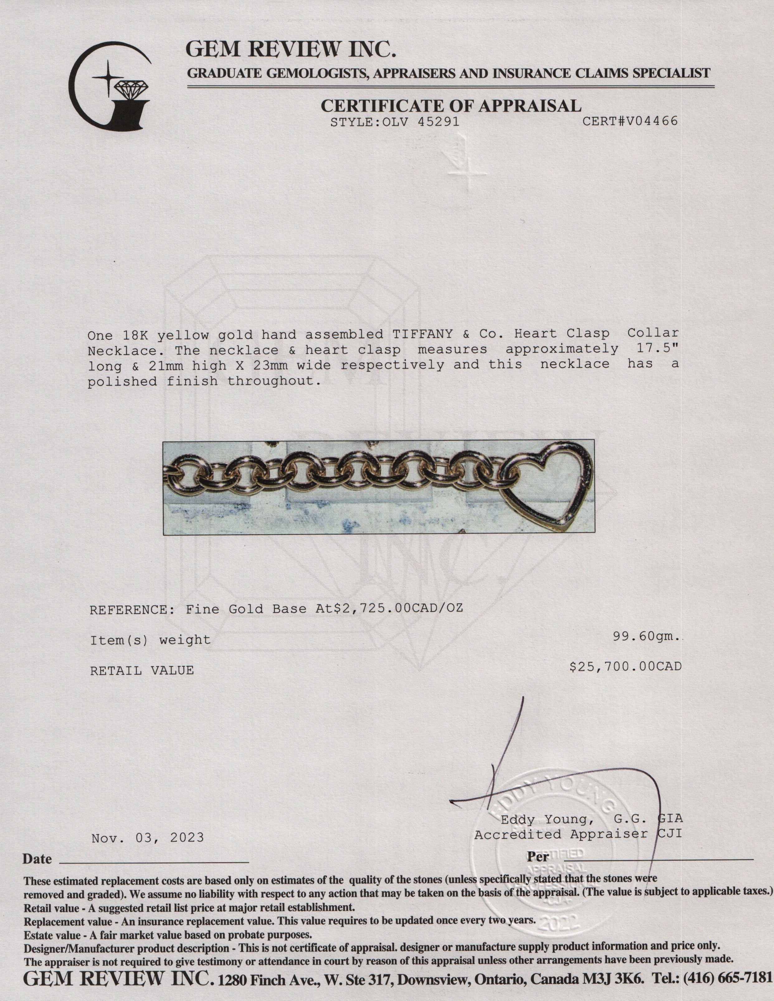 Tiffany & Co. 18k Yellow Gold Heart Clasp Collar Necklace w/ Box