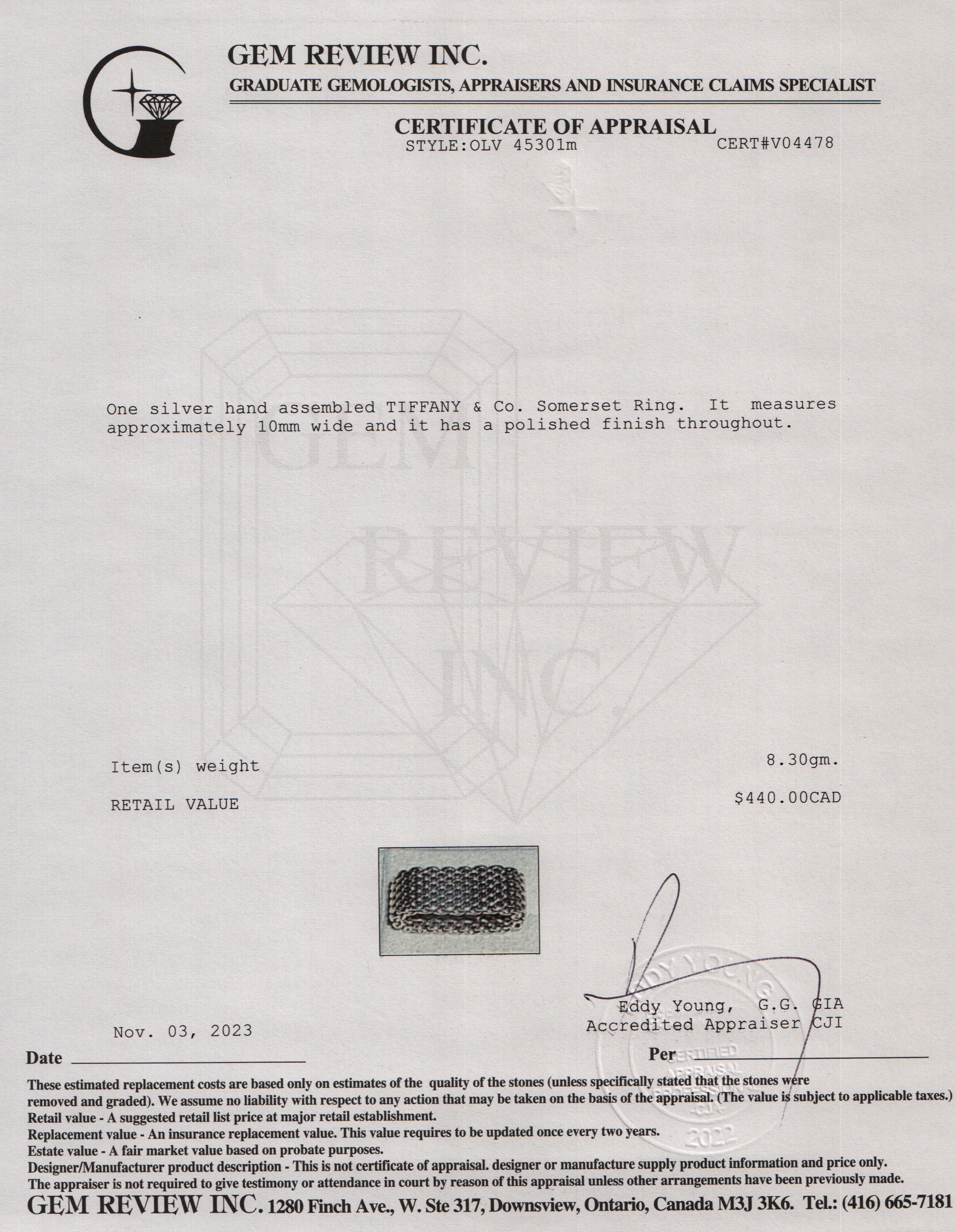 Tiffany & Co. Sterling Silver Somerset Mesh Ring, Size 6.5