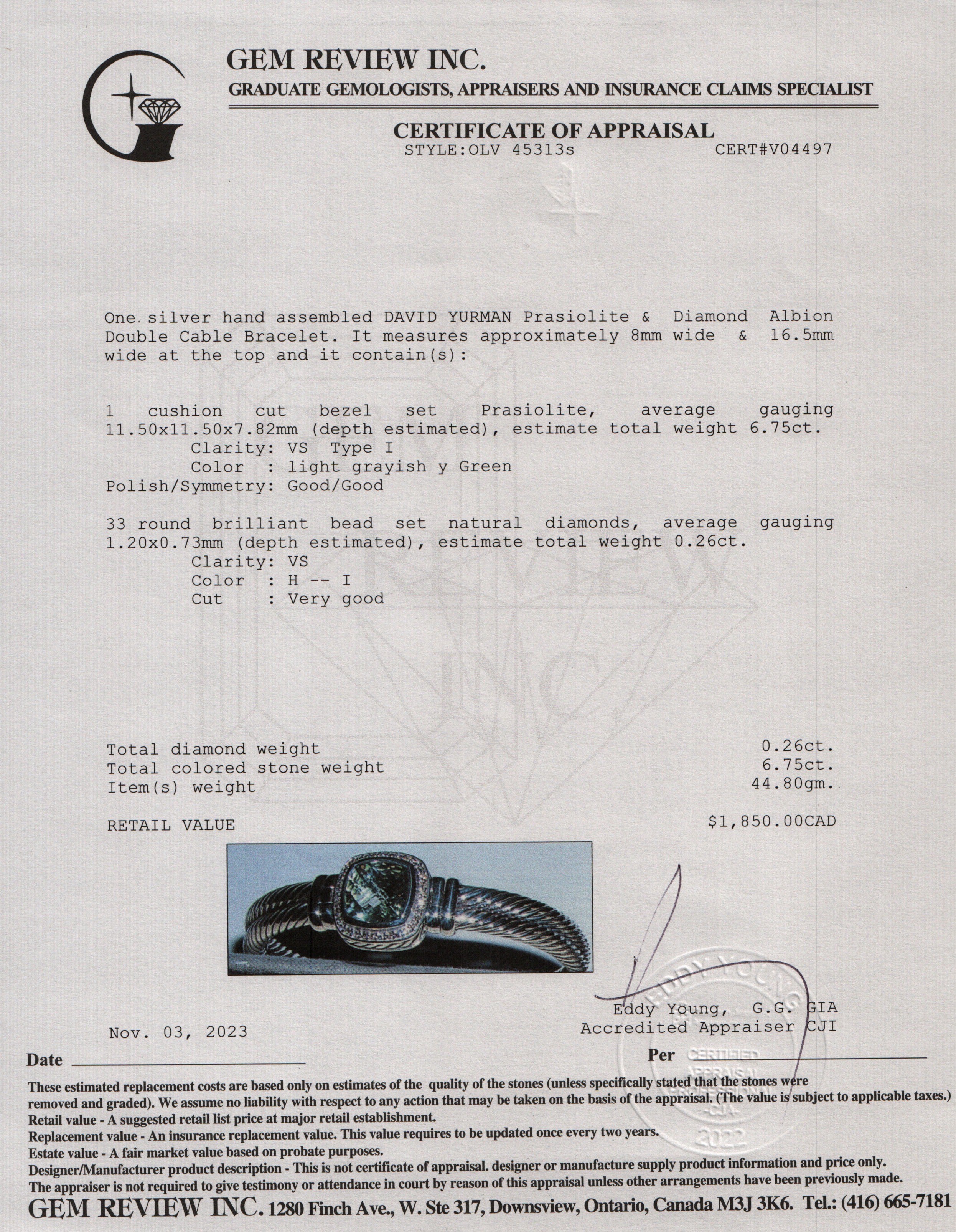 David Yurman Sterling Silver Prasiolite & Diamond Albion Double Cable Bracelet