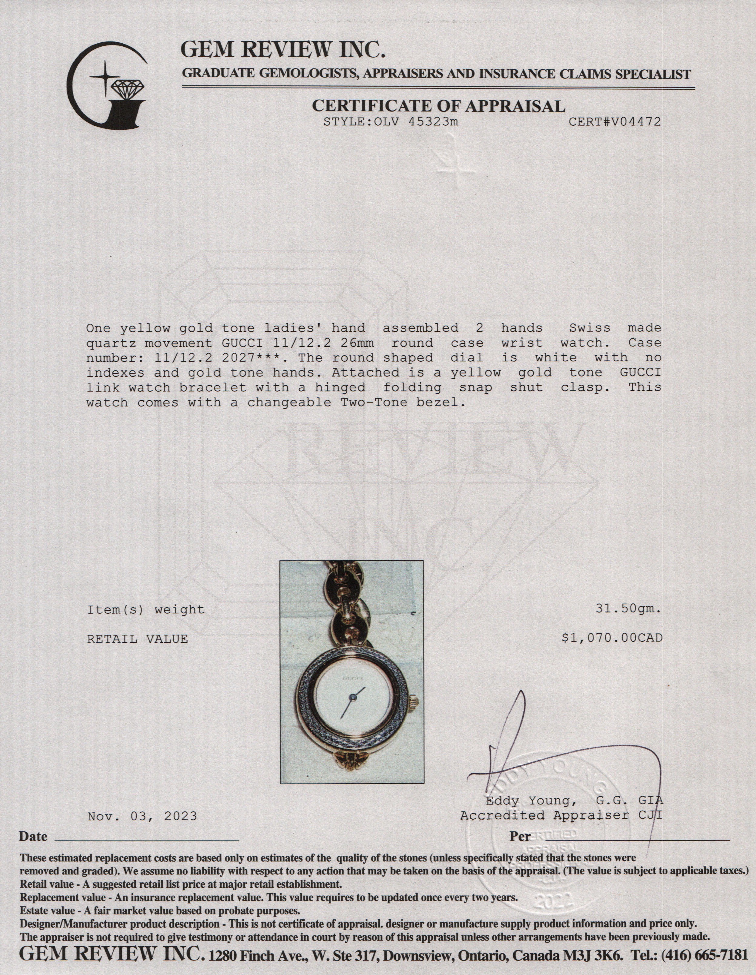 Gucci Gold Plated Stainless Steel 1100 Series 26MM Watch w/ Box & 9 Multicolour Interchangeable Bezels