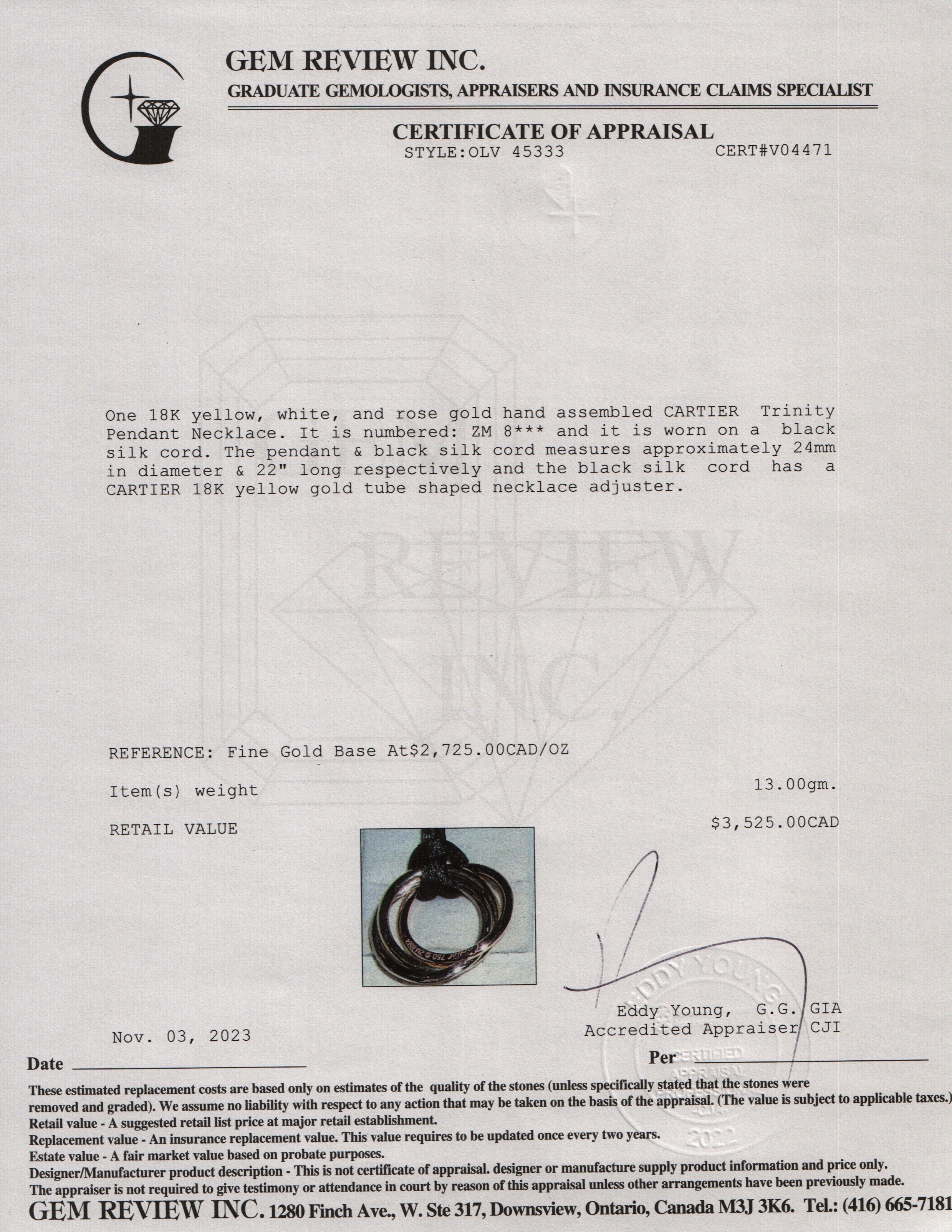 Cartier 18k Yellow, White & Rose Gold Trinity Pendant Necklace w/ Box
