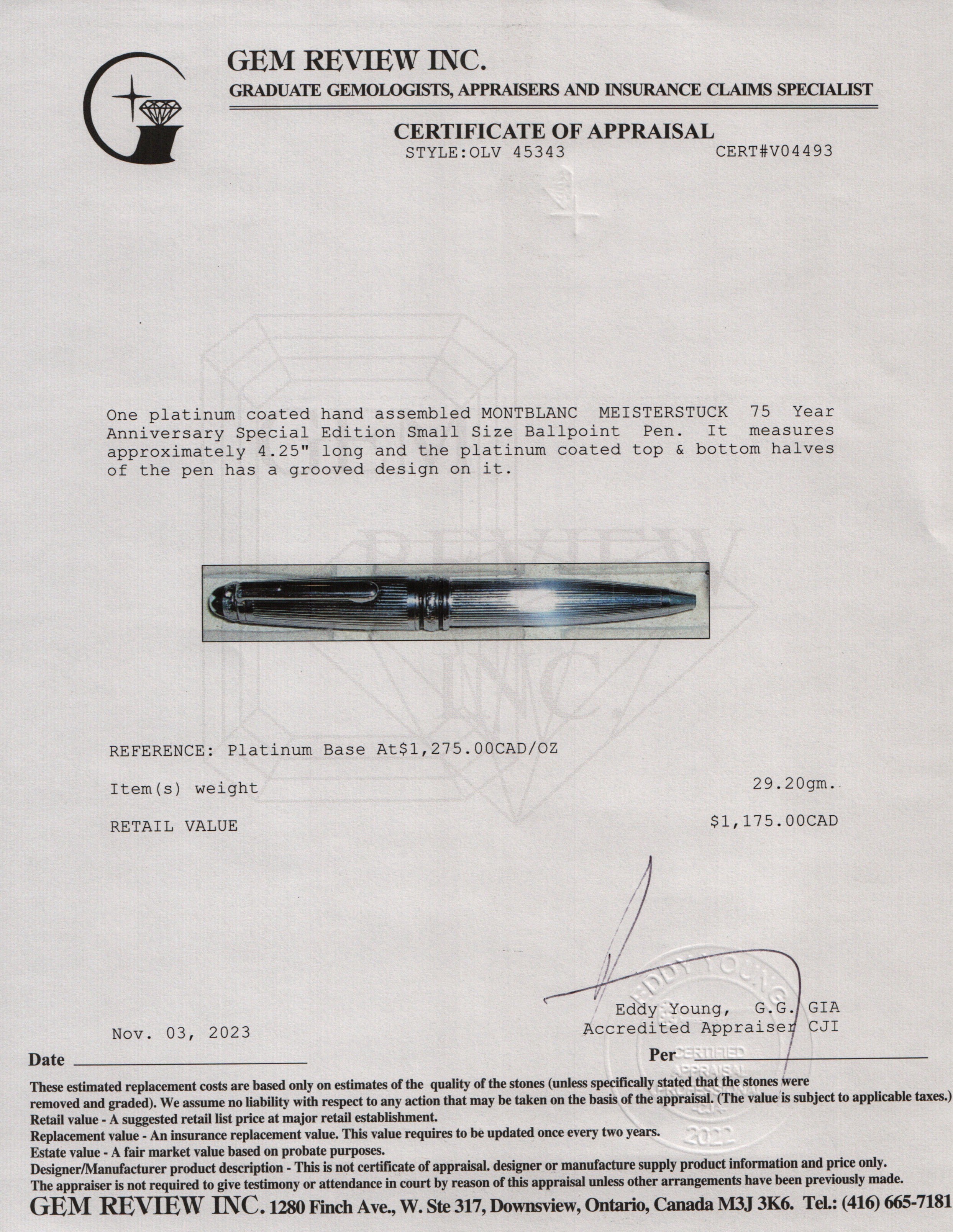 Montblanc Platinum Coated 75 Year Anniversary Special Edition Meisterstuck Ballpoint Pen, Small Size