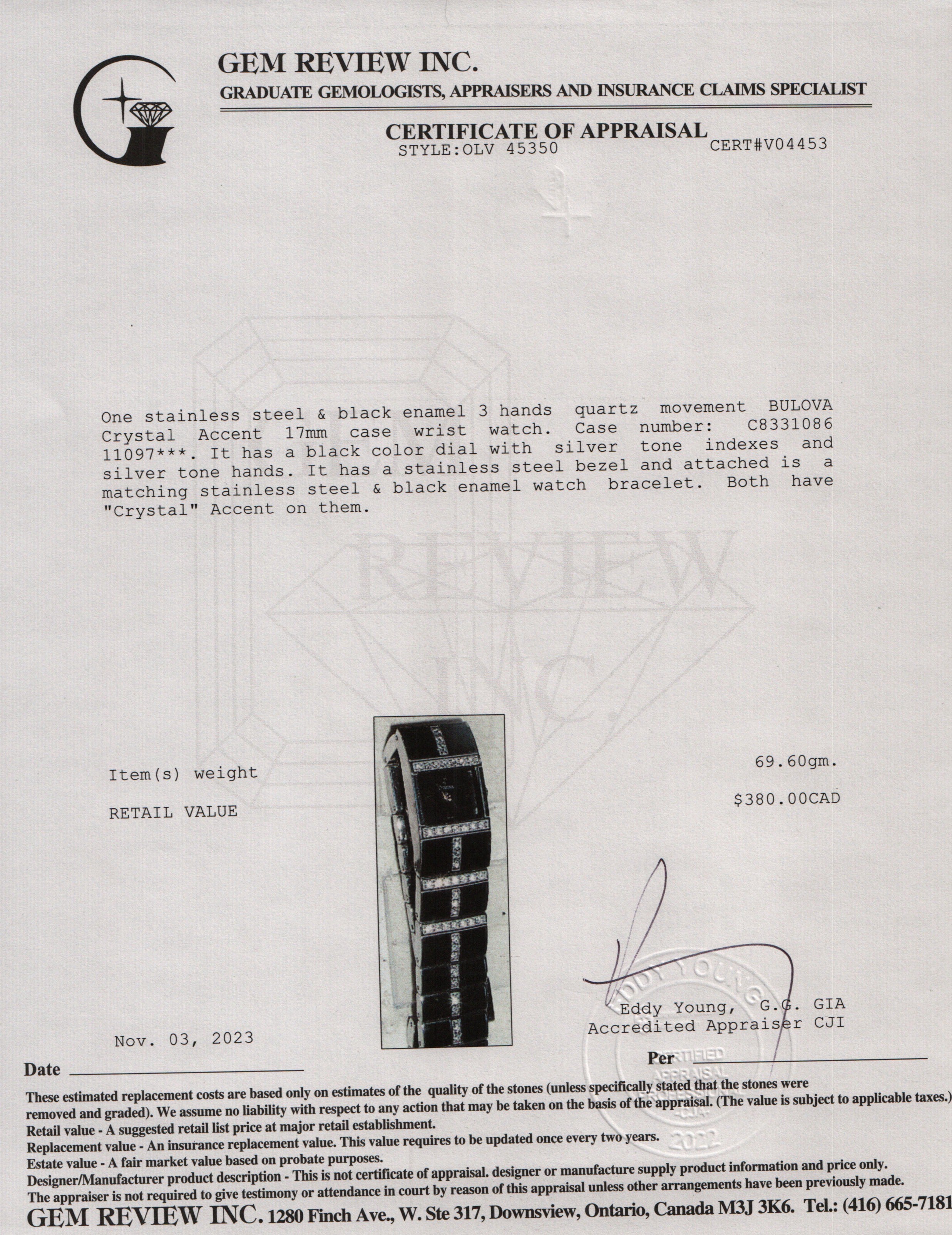 Bulova Stainless Steel & Black Enamel Crystal Accent 17 MM Dress Watch