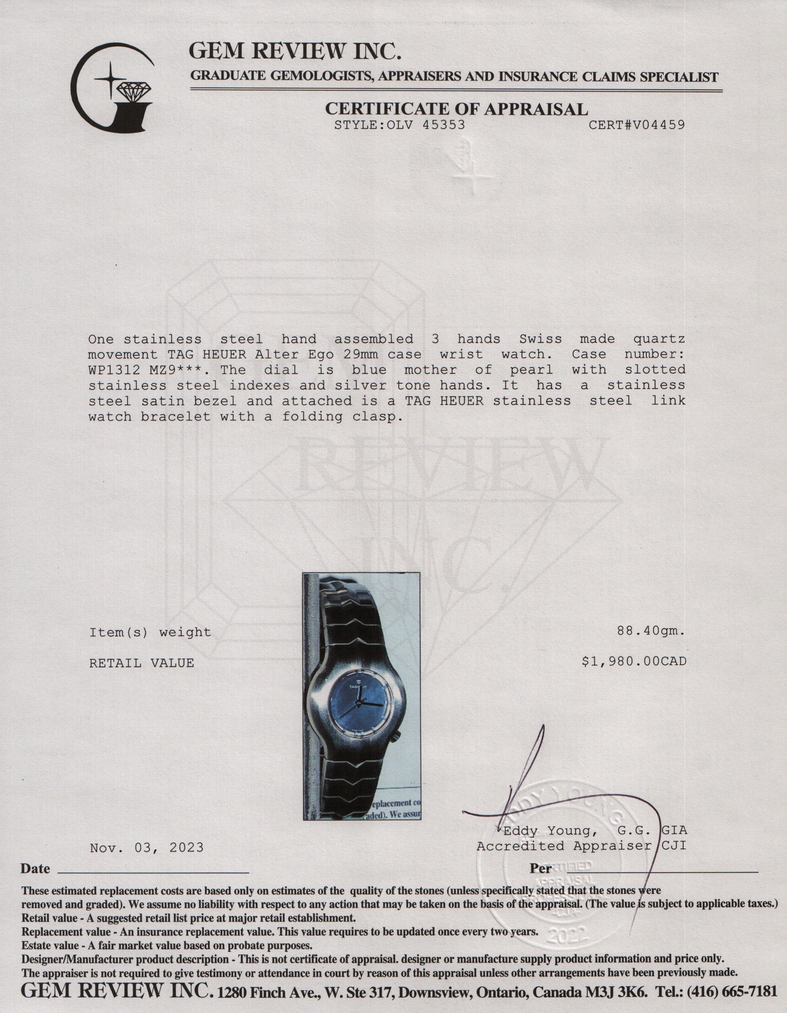 Tag Heuer Stainless Steel Blue Mother of Pearl Dial Alter Ego 29 MM Watch