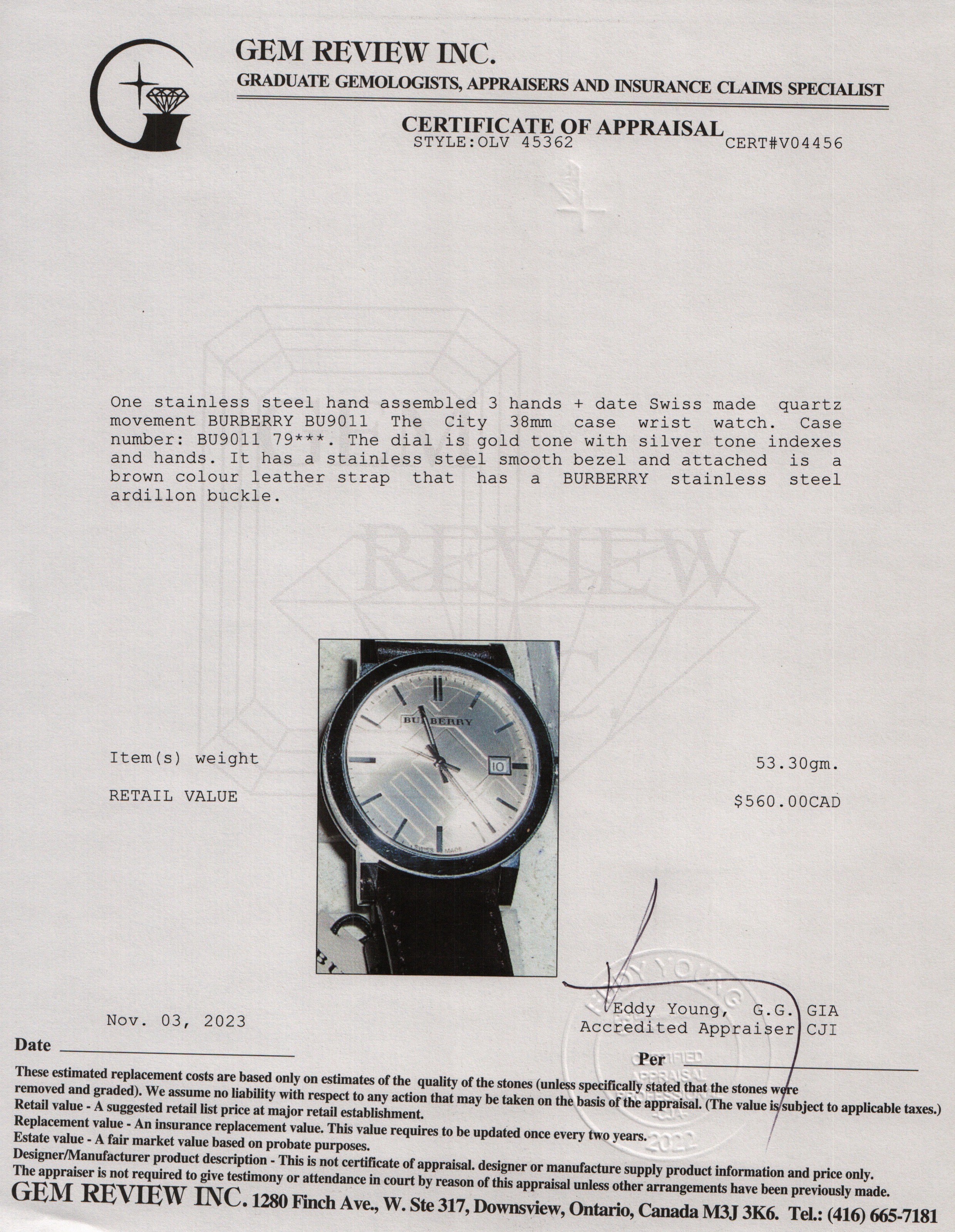 Burberry Stainless Steel BU9011 The City 38 MM Watch w/ Box