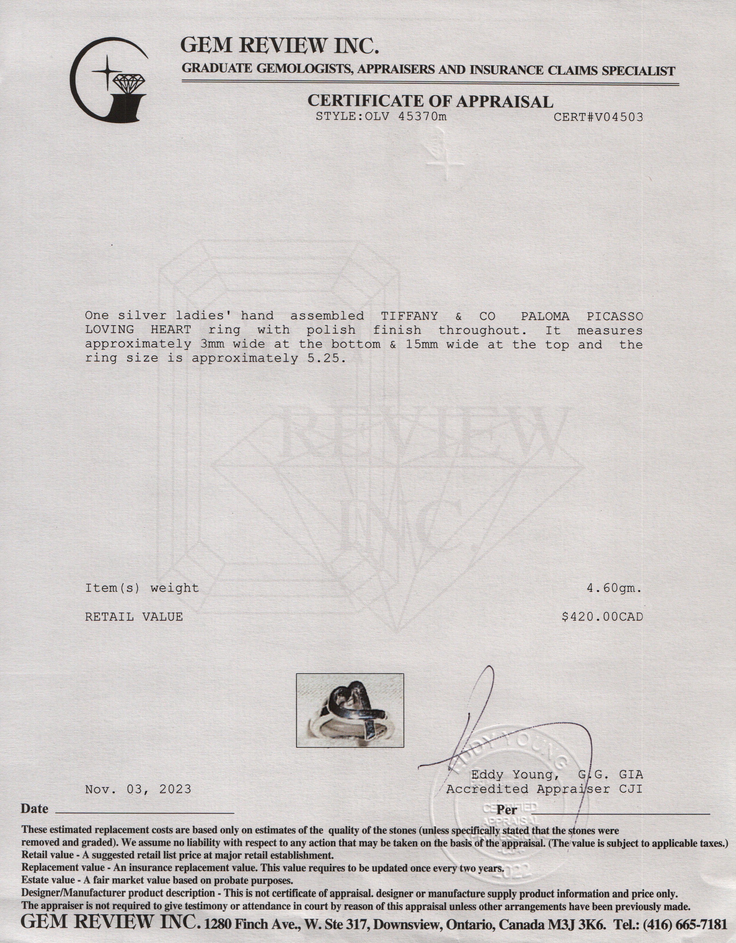 Tiffany & Co. Paloma Picasso Sterling Silver Loving Heart Ring, Size 5.25