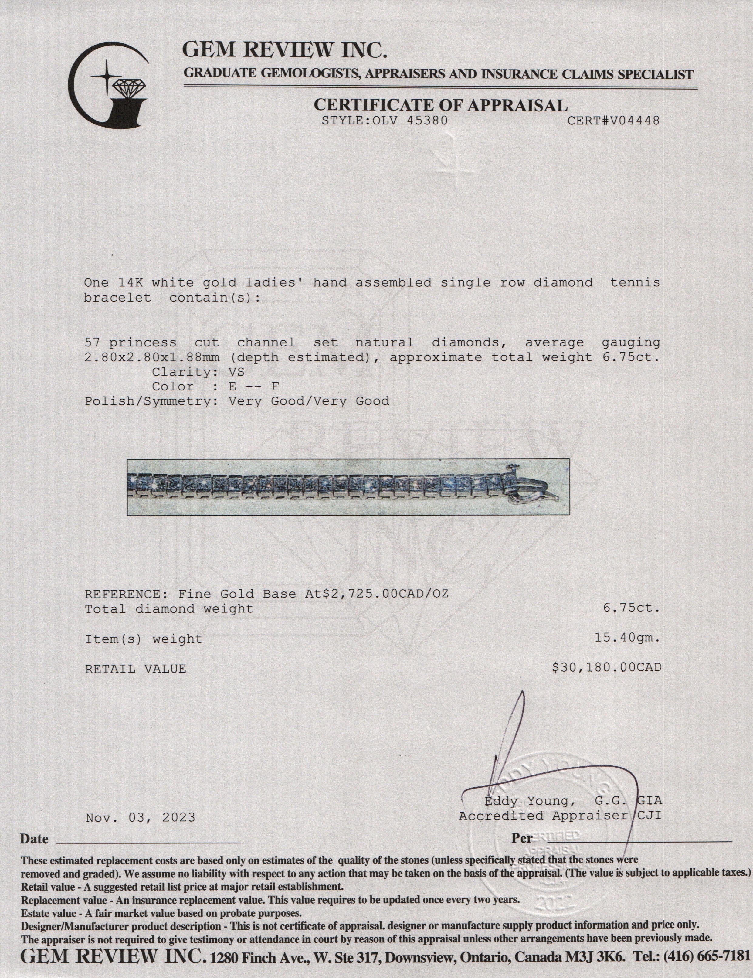 14k White Gold 6.75 tcw. Pricess Cut Diamond Tennis Bracelet