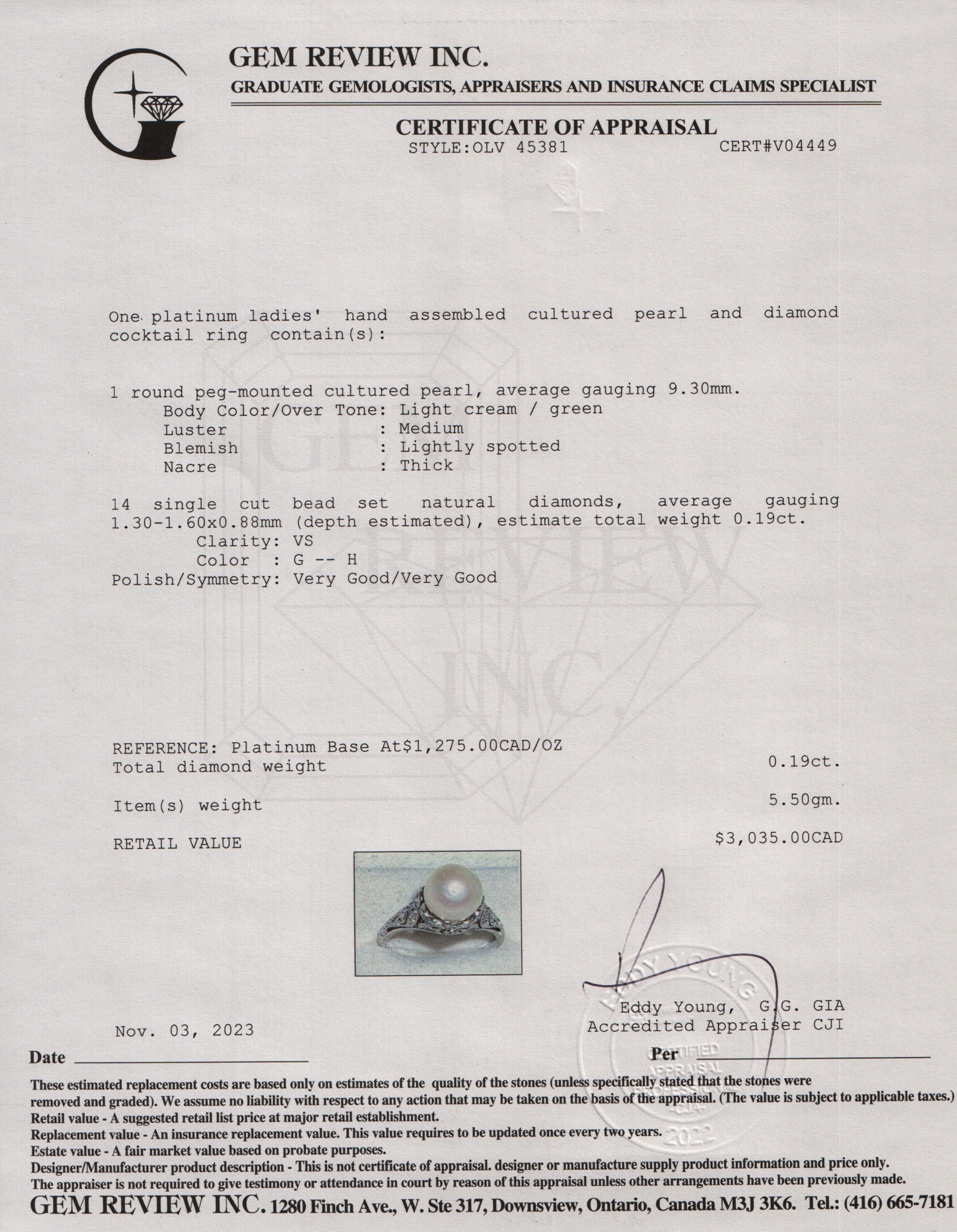 Platinum Pearl & Diamond Cocktail Ring, Size 8.25