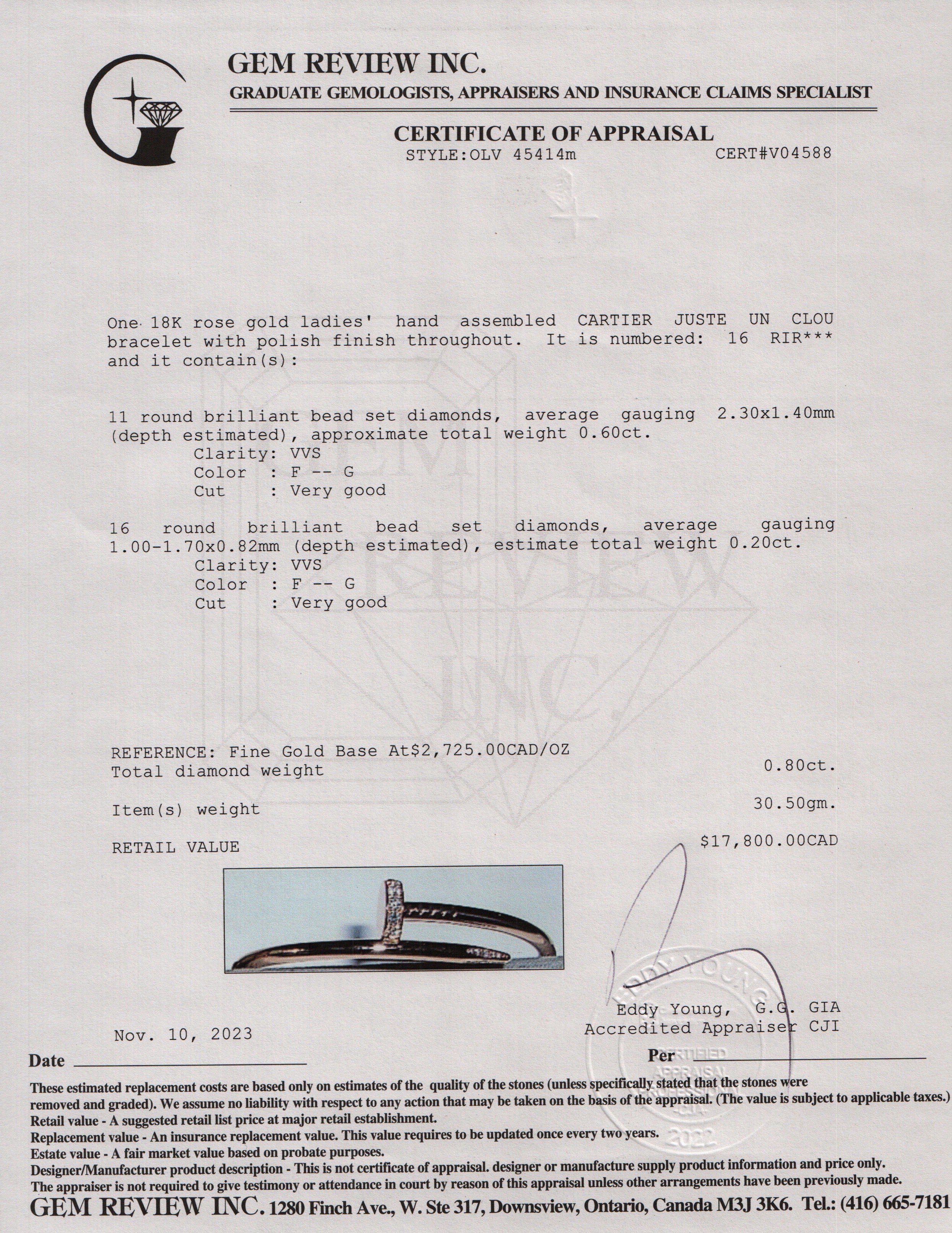 Cartier 18k Rose Gold Juste Un Clou Diamond Bracelet, Size 16 w/ Receipt