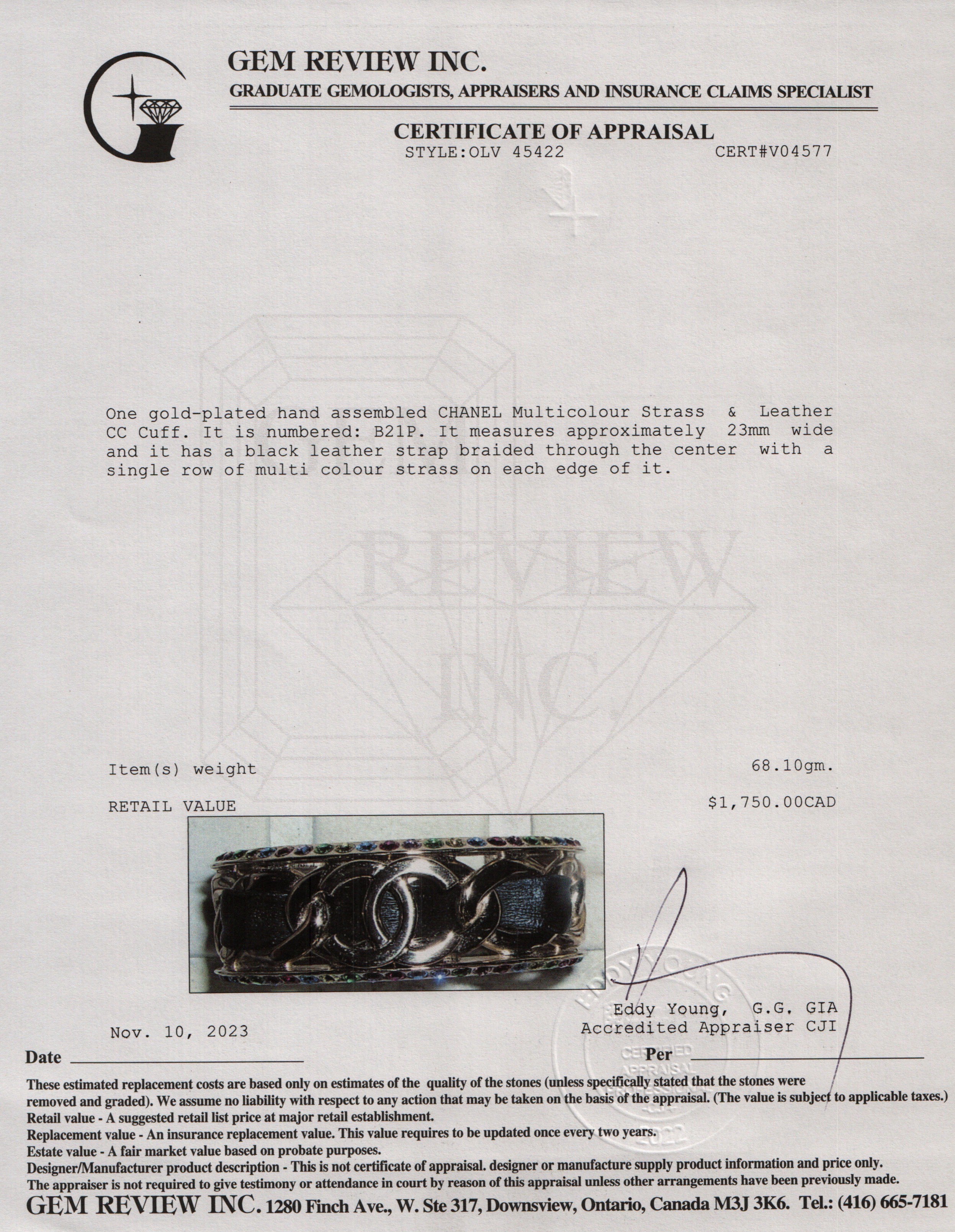 Chanel 2021 Gold Plated Leather & Multicolour Strass Cuff Bracelet