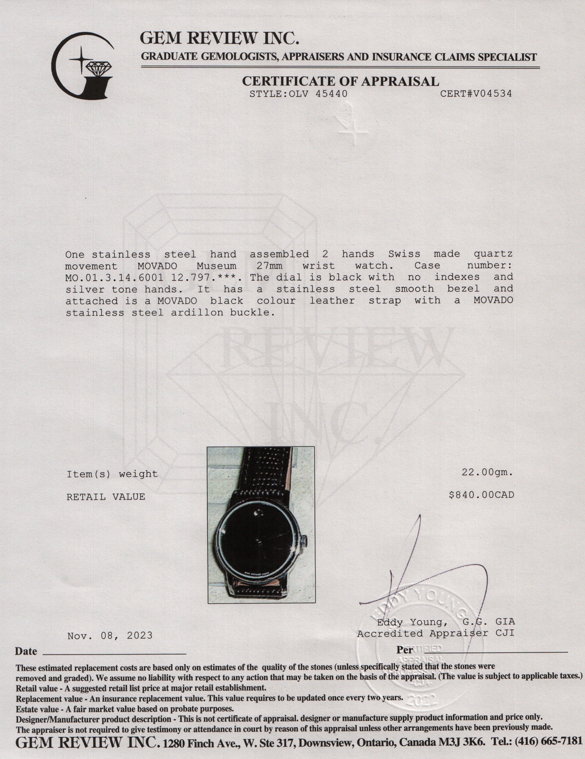 Movado Stainless Steel Museum 27 MM Watch w/ Box