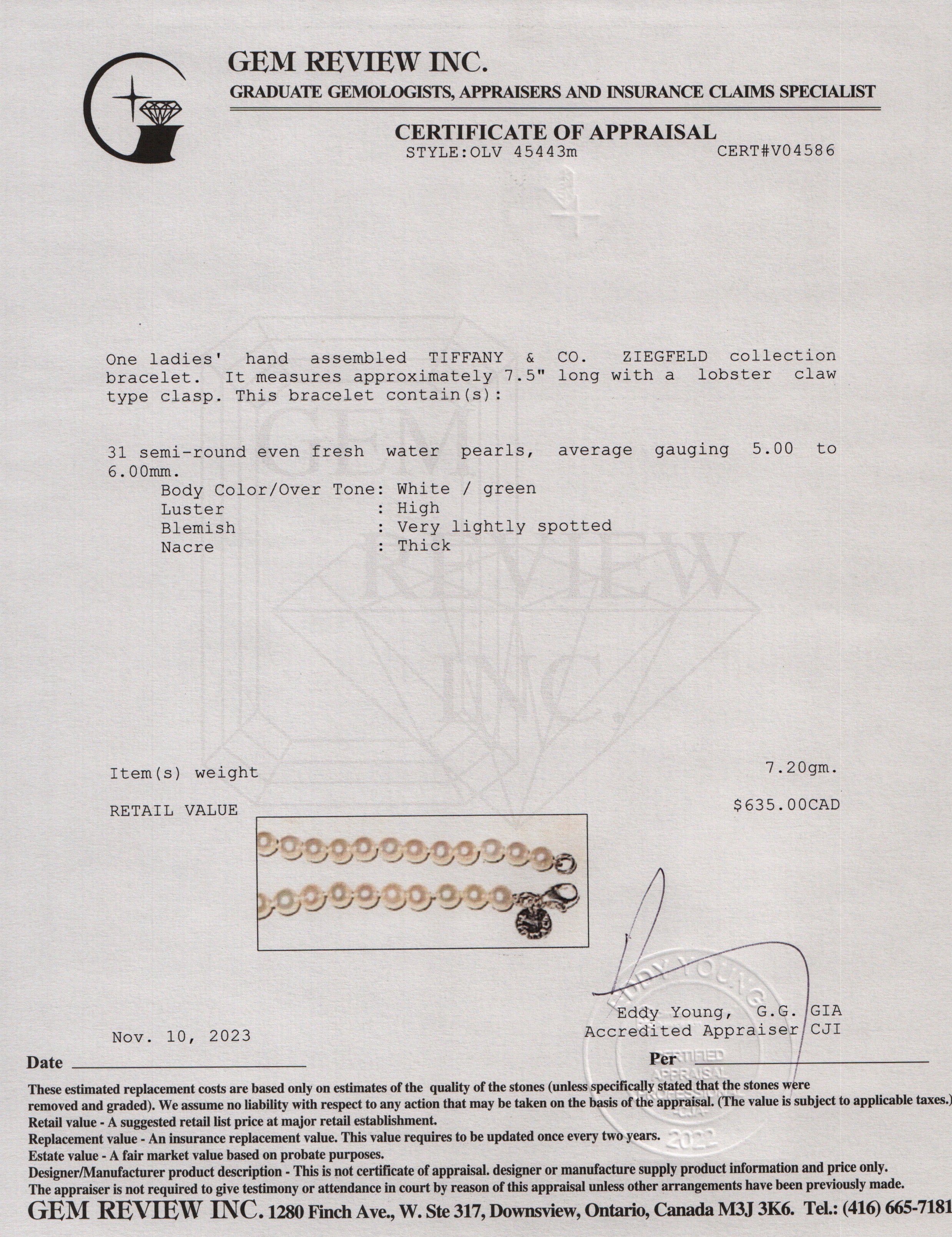 Tiffany & Co. Sterling Silver Ziegfeld Collection 5MM Pearl Bracelet