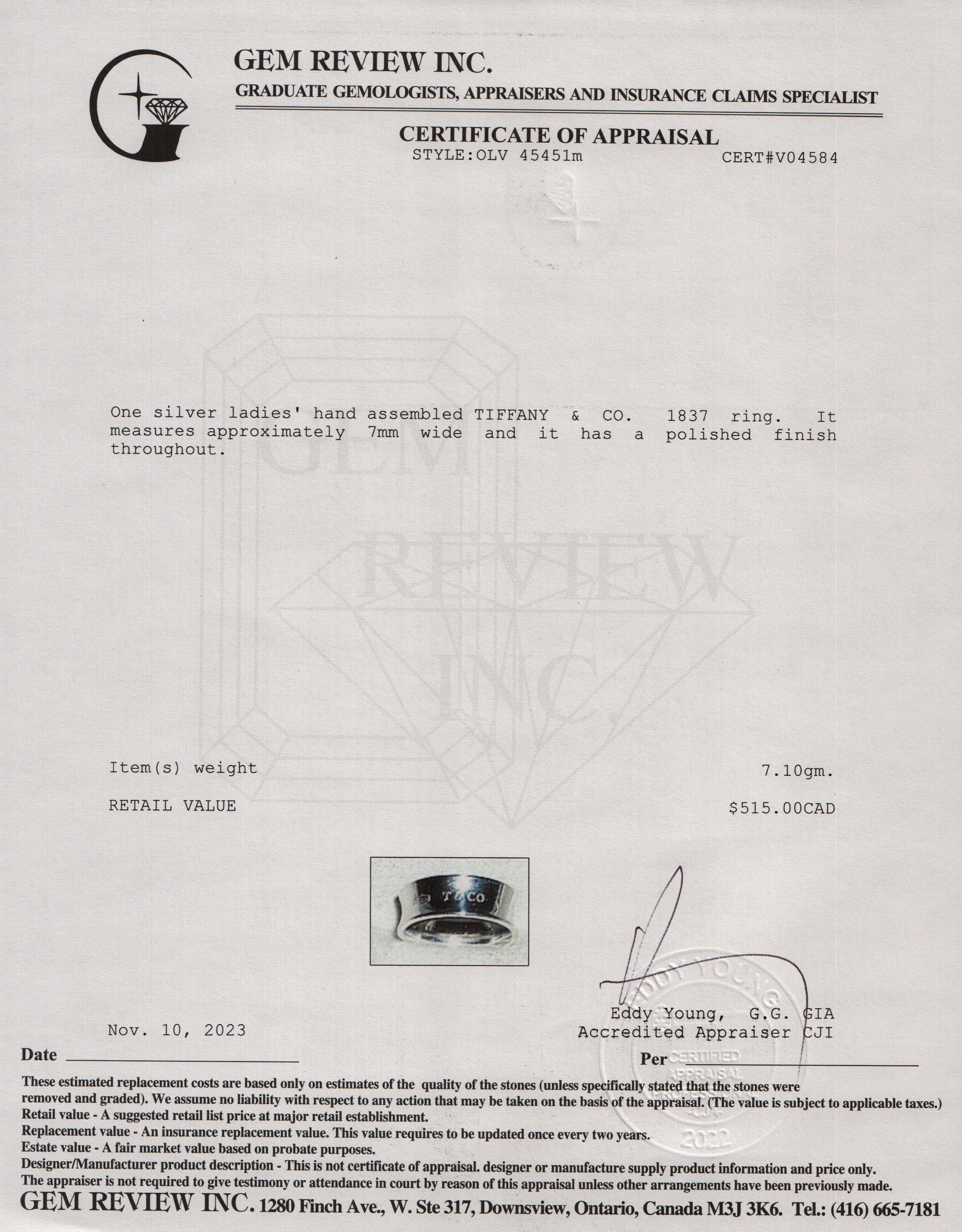 Tiffany & Co. Sterling Silver 1837 Ring, Size 6