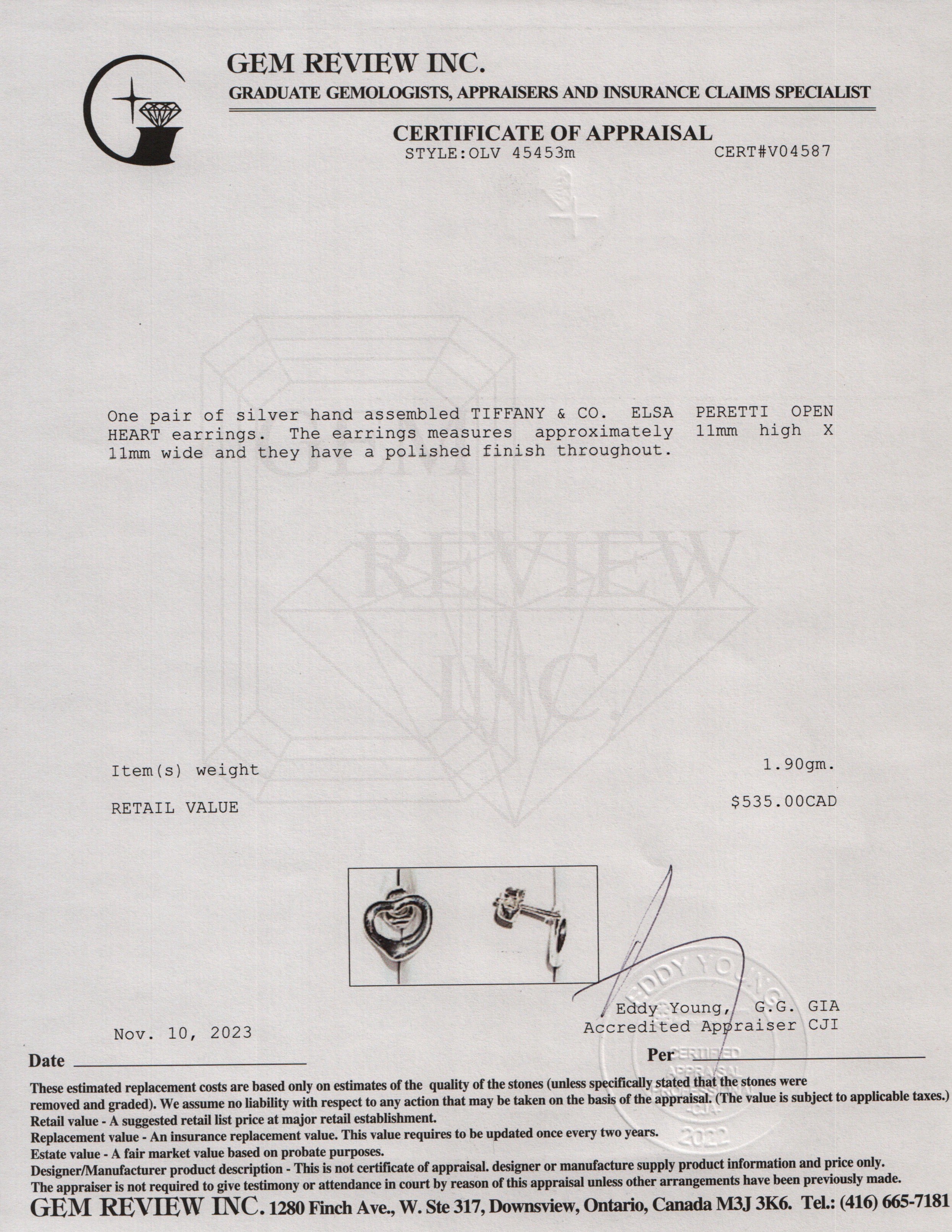 Tiffany & Co. Elsa Peretti Sterling Silver Open Heart Earrings, 11 MM