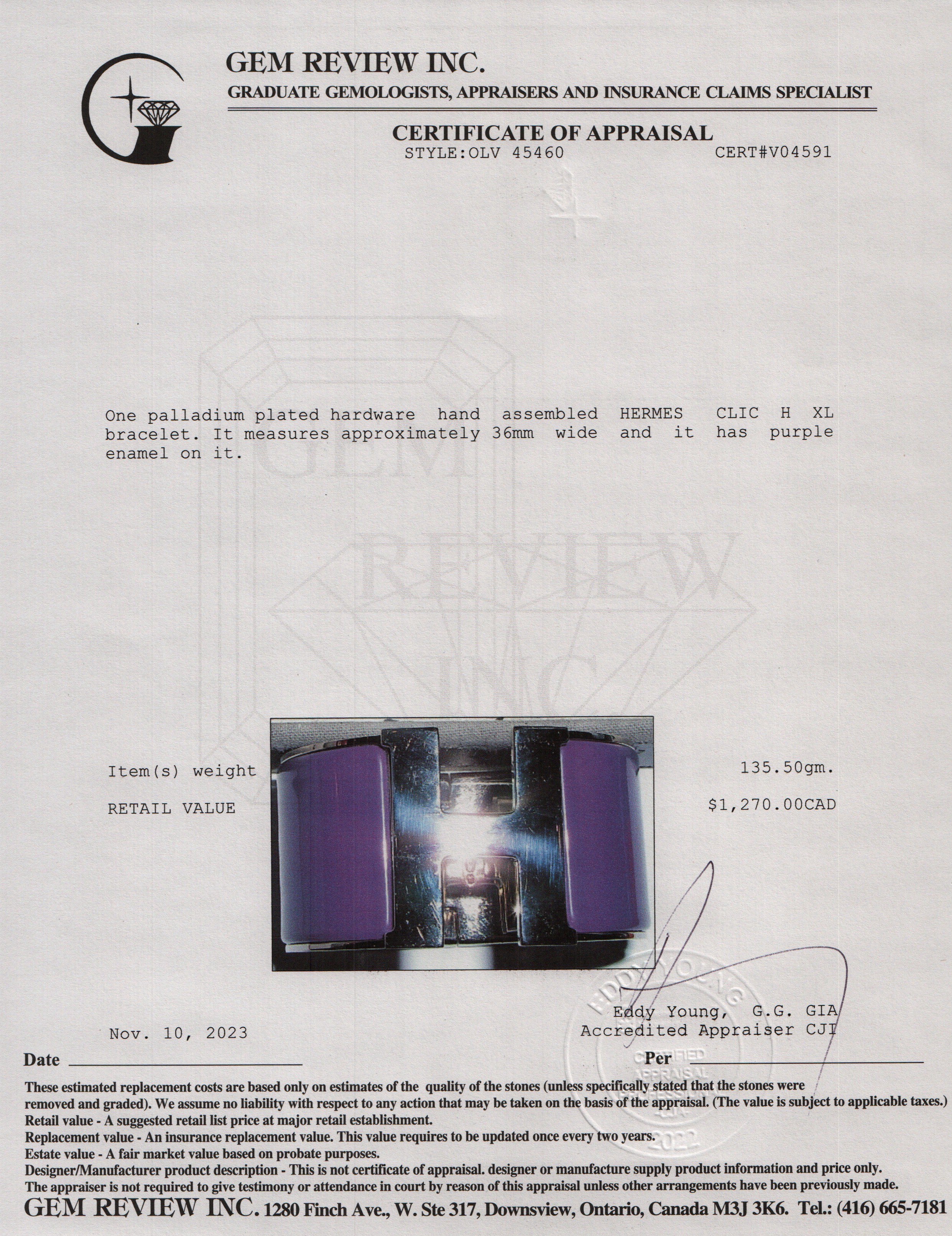 Hermes Palladium-Plated Purple Enamel Clic H XL Bracelet w/ Box