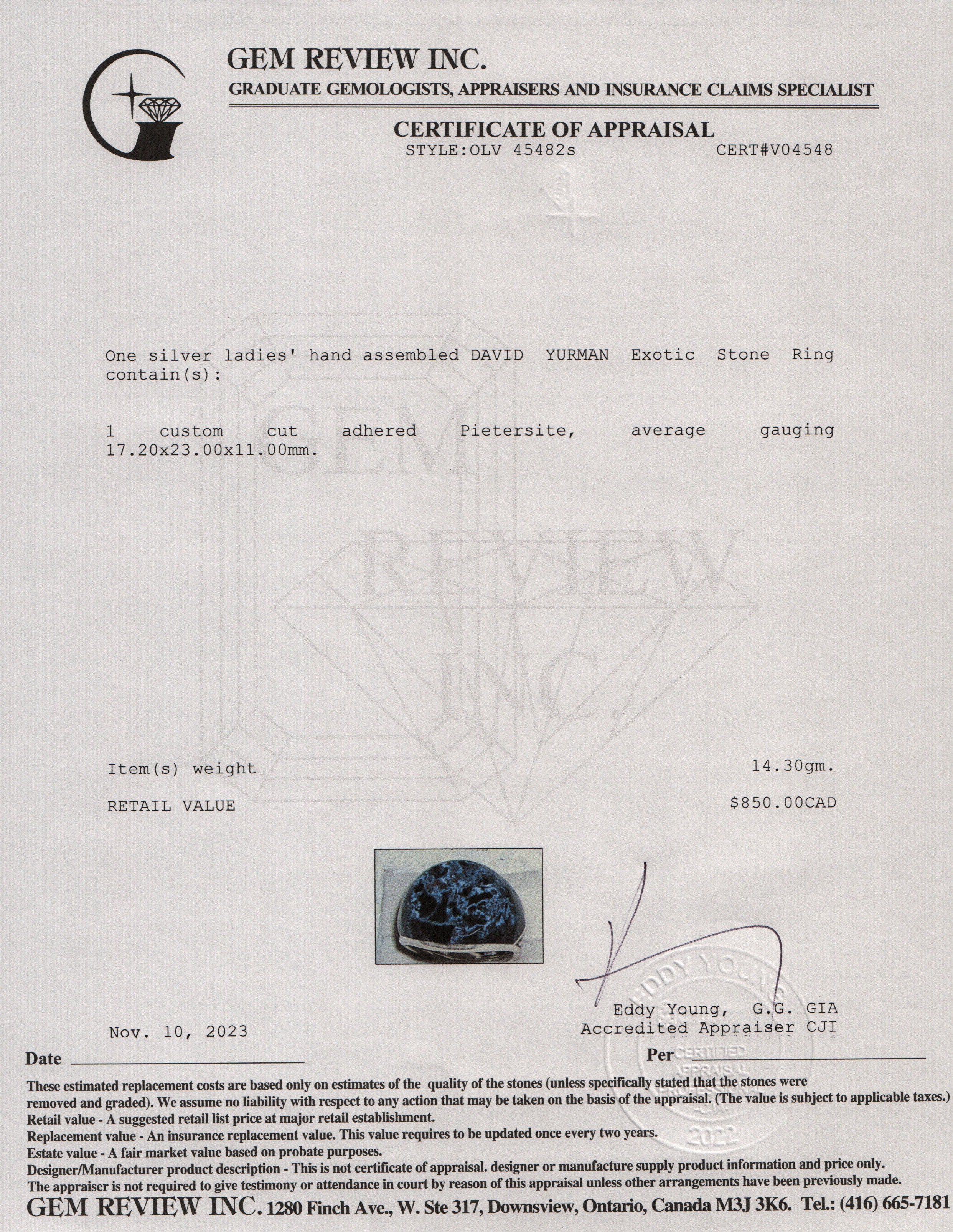 David Yurman Sterling Silver Exotic Stone Signet Ring with Pietersite, Size 8