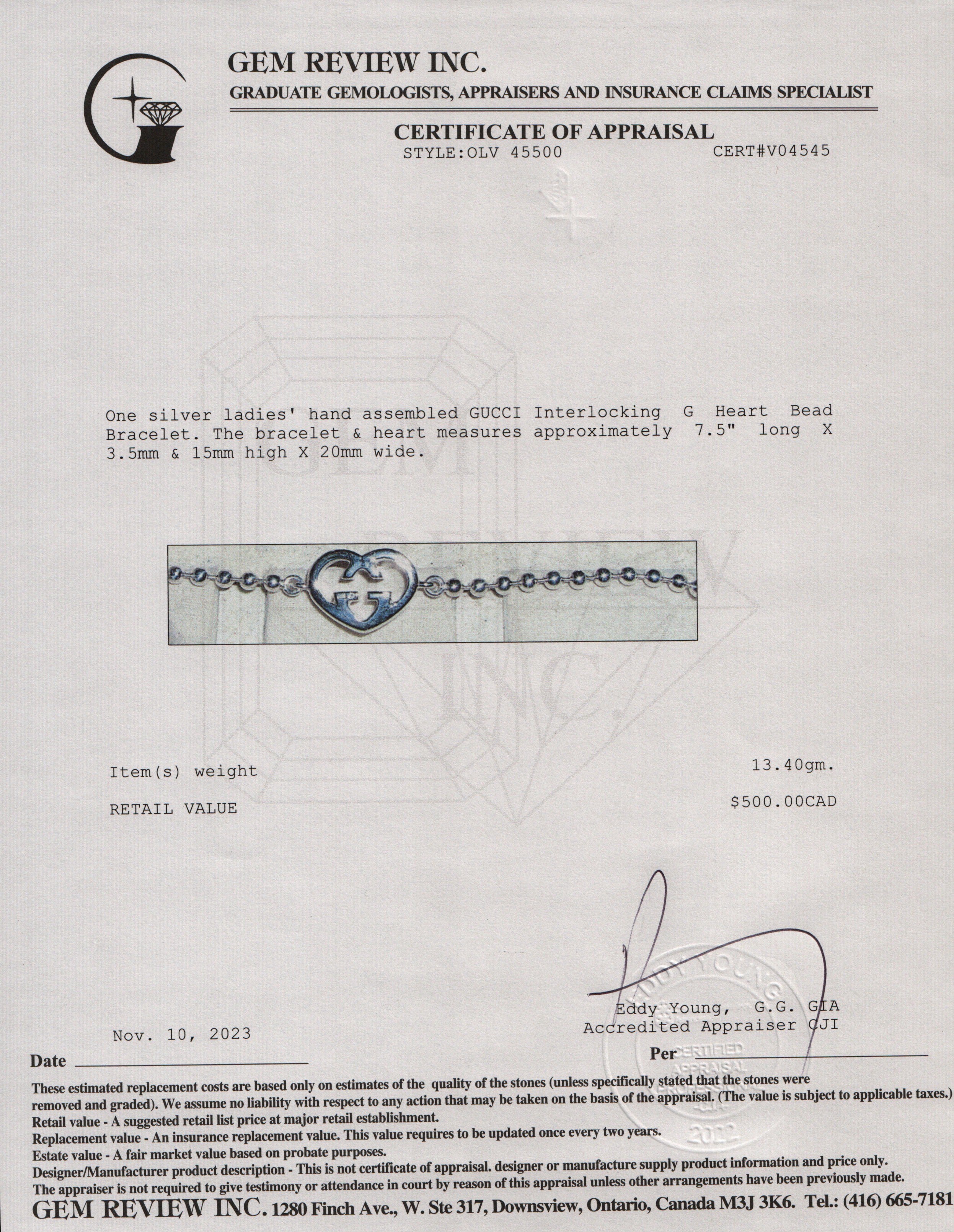 Gucci Sterling Silver Interlocking G Heart Bead Bracelet