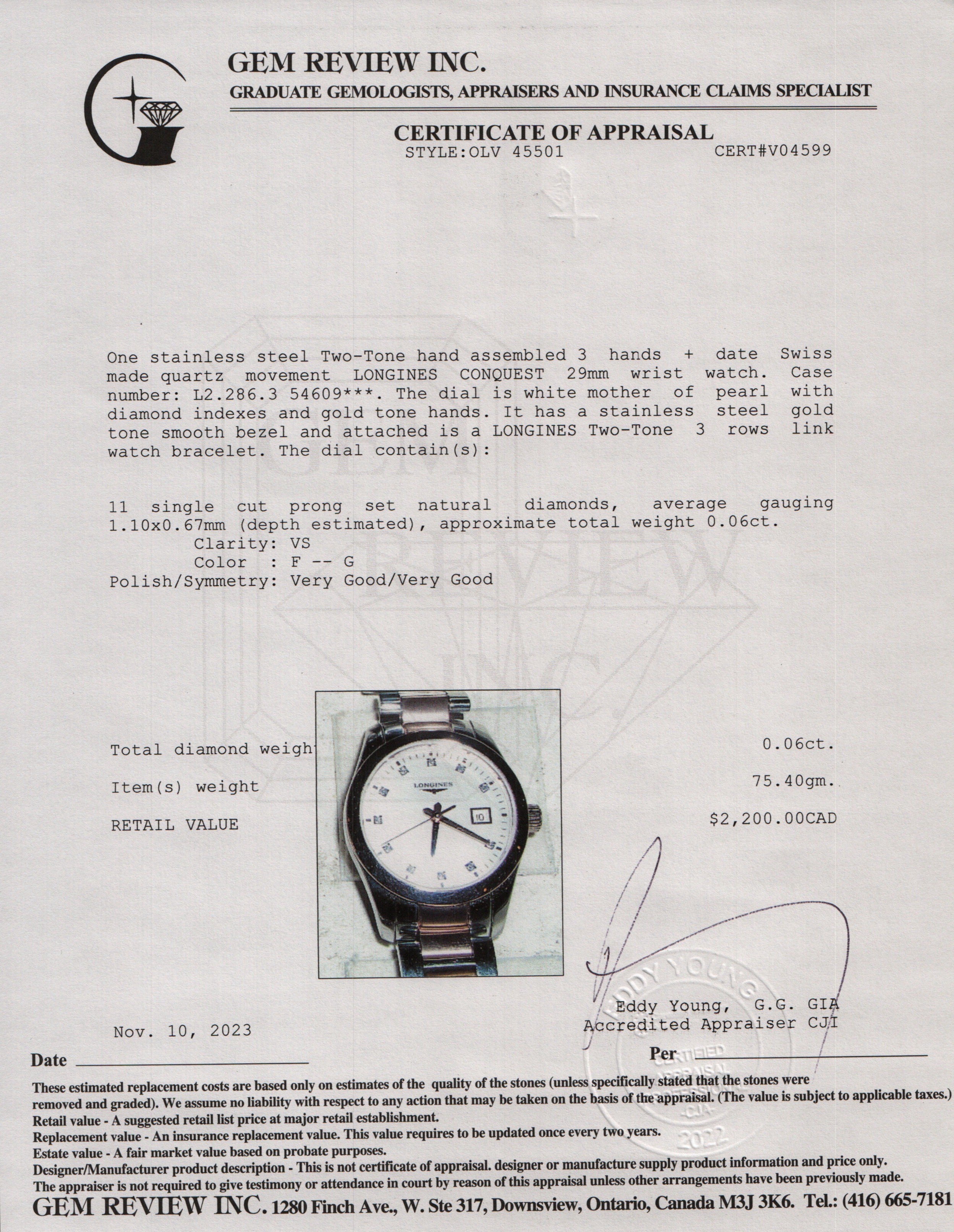 Longines Two-Tone Stainless Steel Conquest 29 MM Diamond Dial Quartz Watch w/ Box & Papers