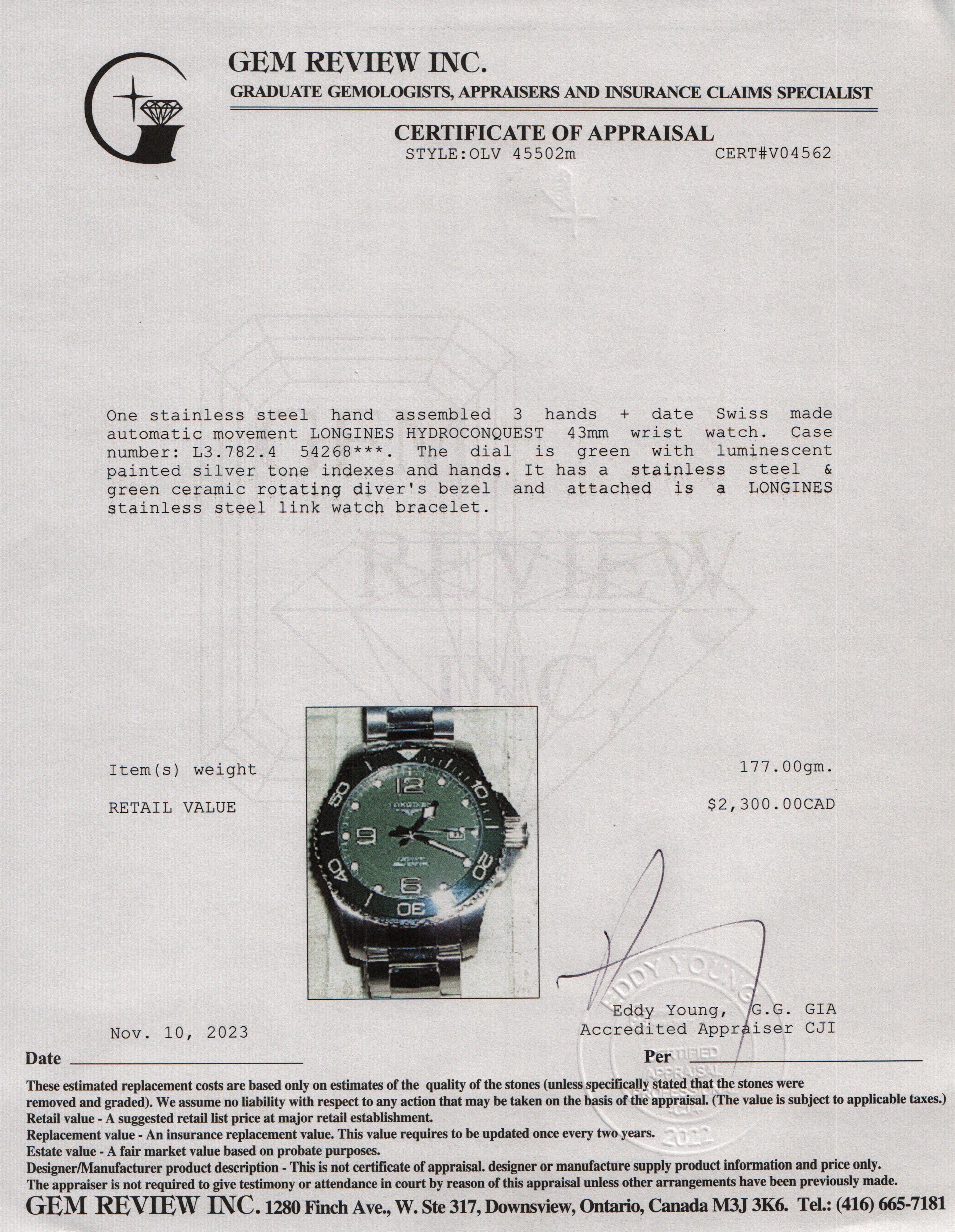 Longines Stainless Steel HydroConquest 43 MM Automatic Watch w/ Box & Papers