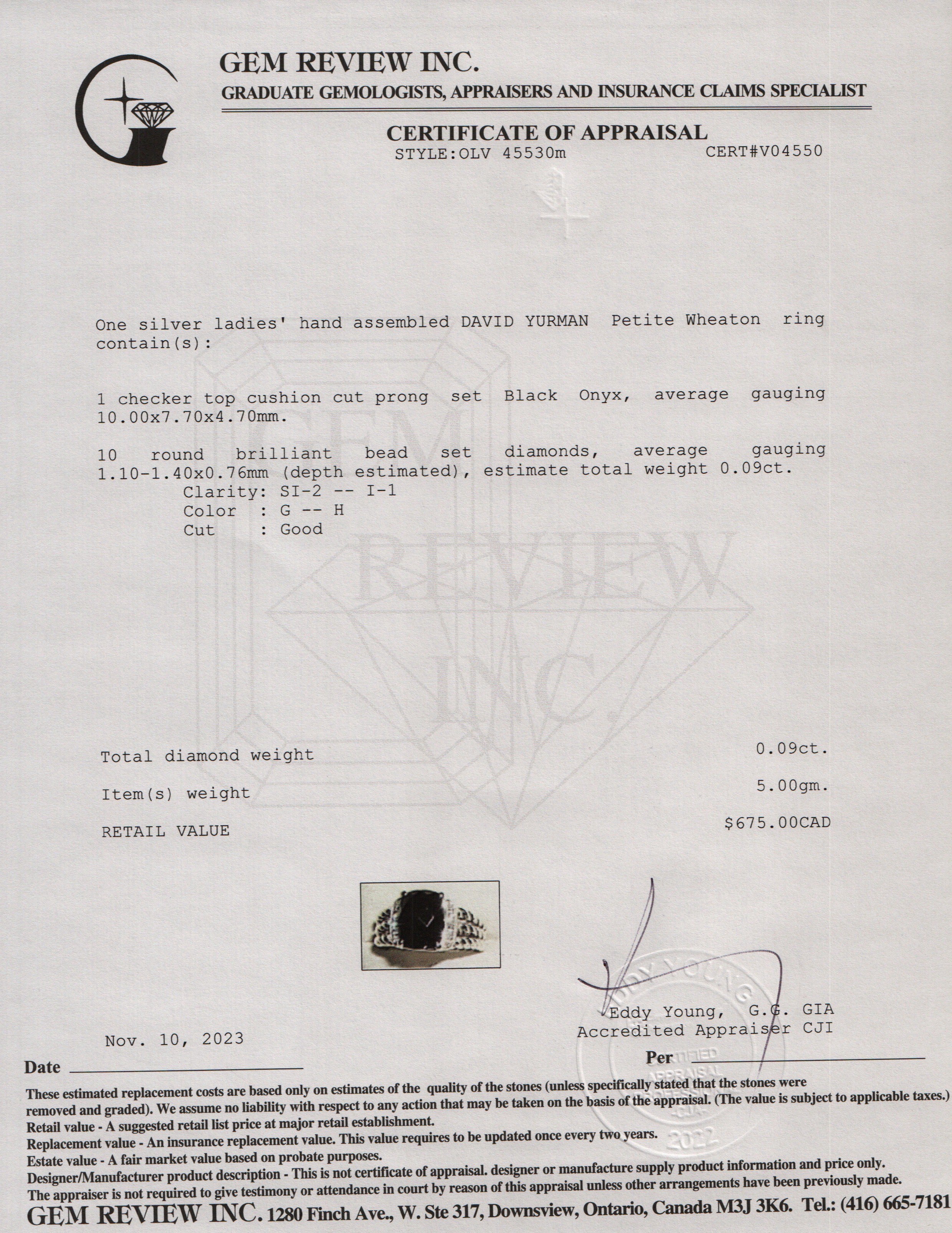 David Yurman Sterling Silver Onyx & Diamond Petite Wheaton Ring, Size 5.75