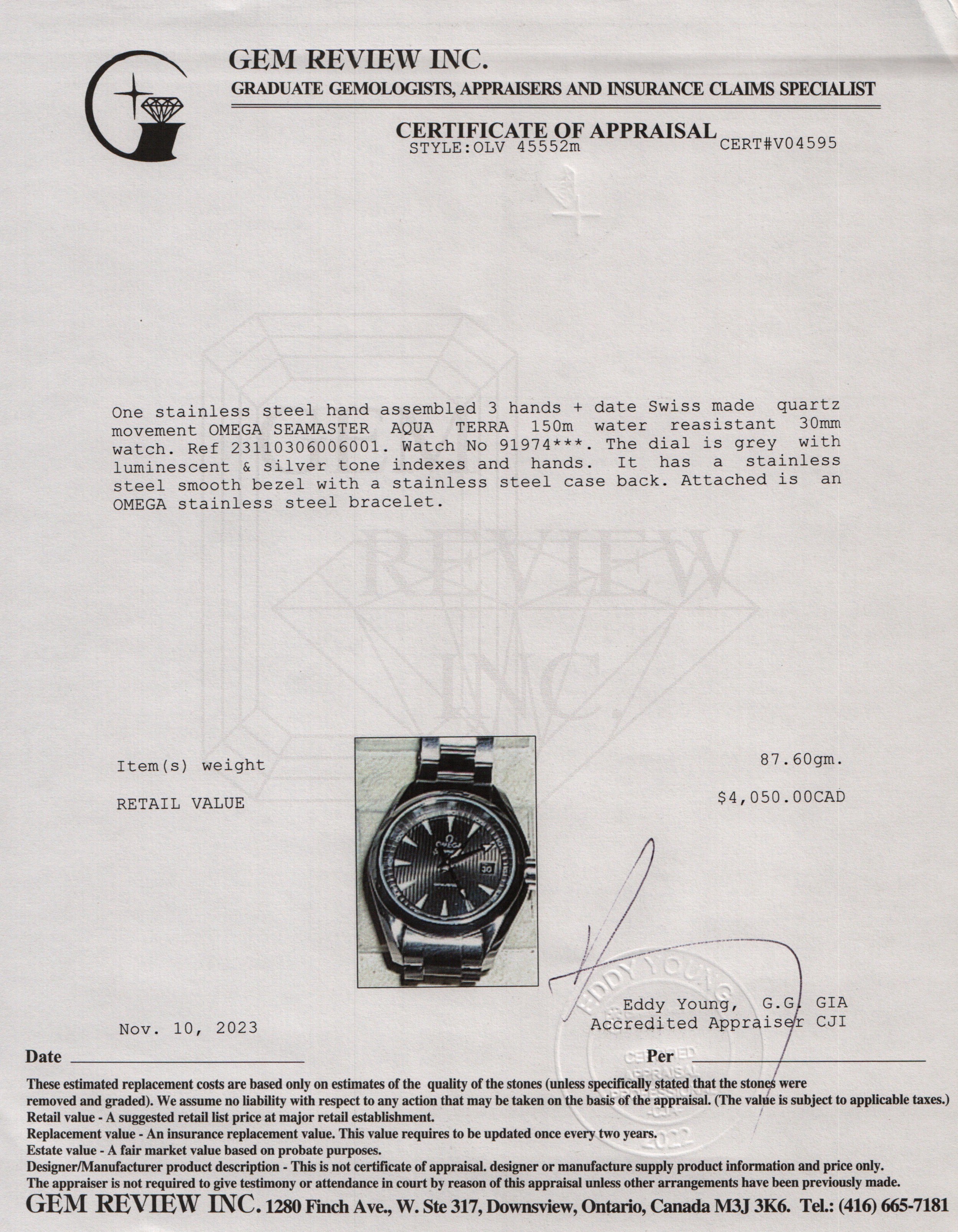 Omega Stainless Steel Seamaster Aqua Terra 150M 30MM Quartz Watch w/ Box & Papers