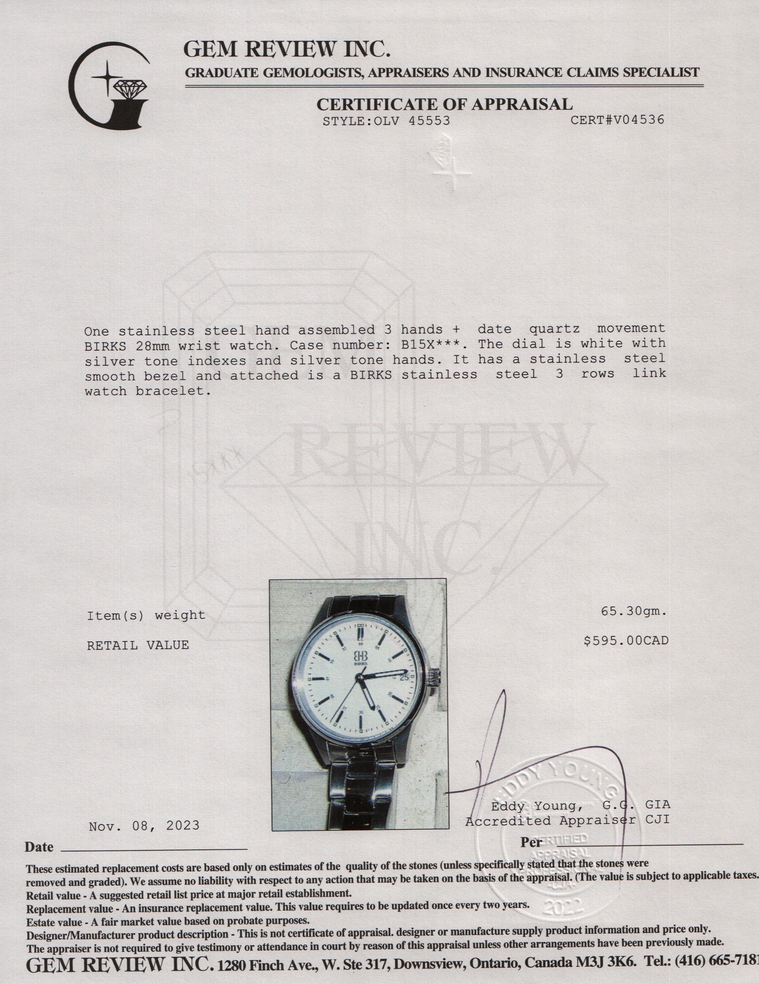 Birks Stainless Steel 28MM Quartz Watch w/ Box