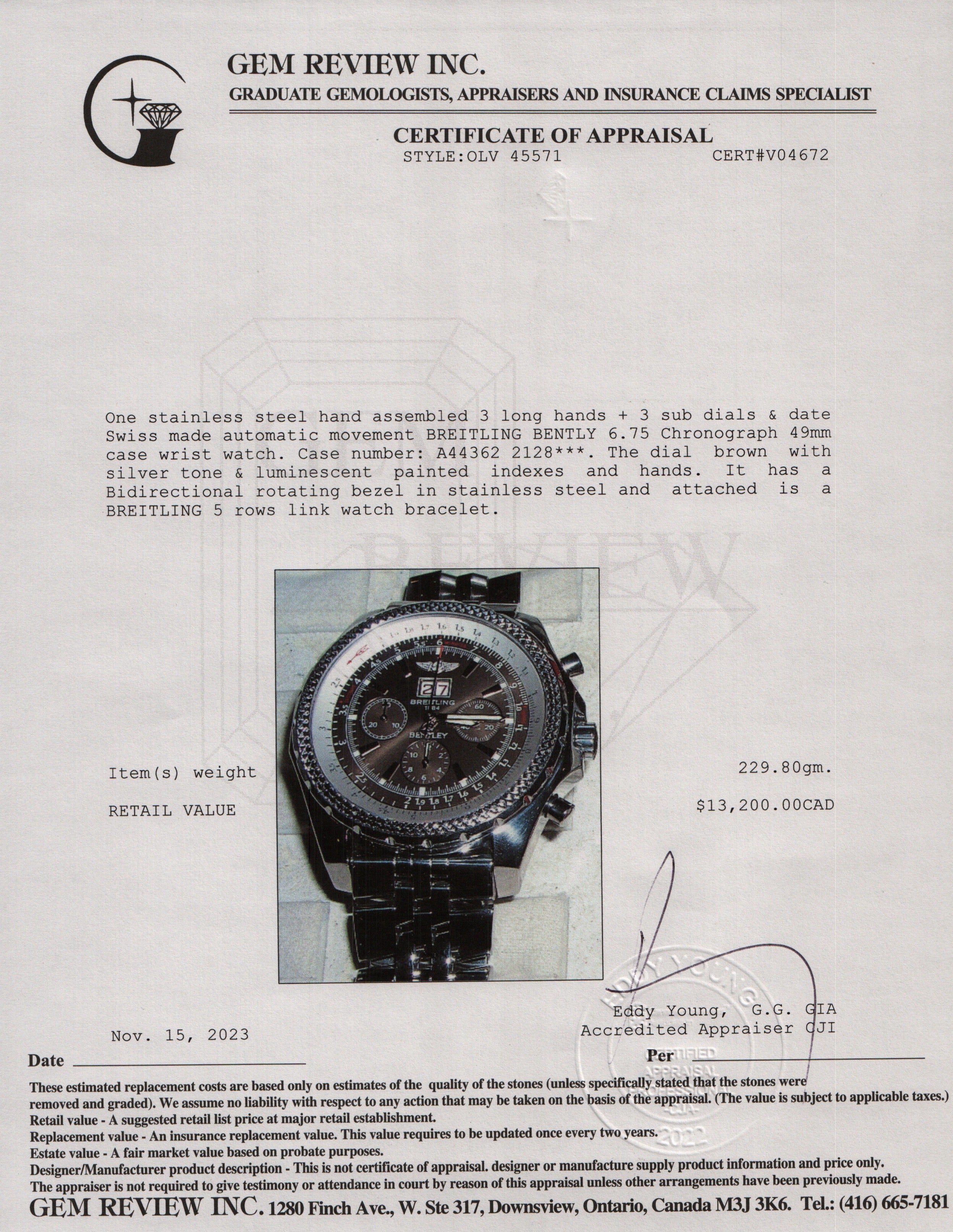 Breitling Stainless Steel Bently 6.75 49 MM Automatic Chronograph Watch