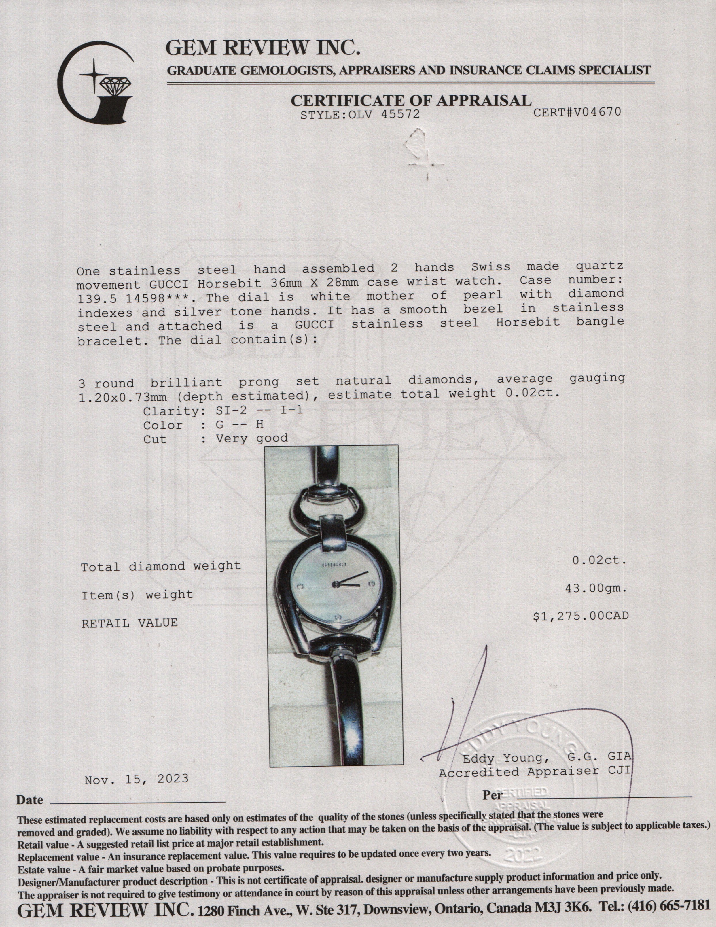 Gucci Stainless Steel Horsebit 28 MM Watch